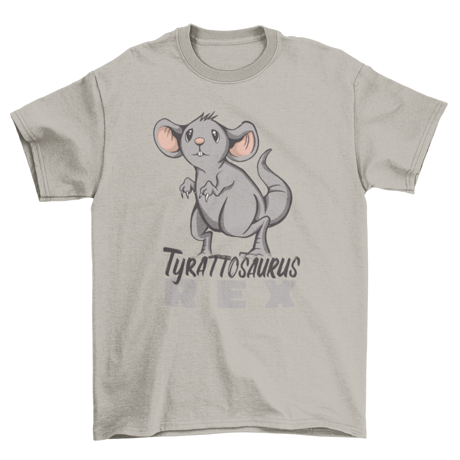 A humorous t-shirt featuring a rat posing like a dinosaur with the caption 'Tyrattosaurus Rex'.