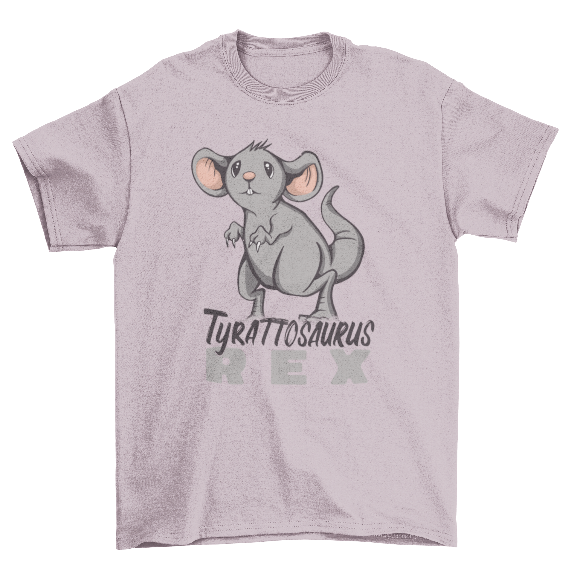 A humorous t-shirt featuring a rat posing like a dinosaur with the caption 'Tyrattosaurus Rex'.