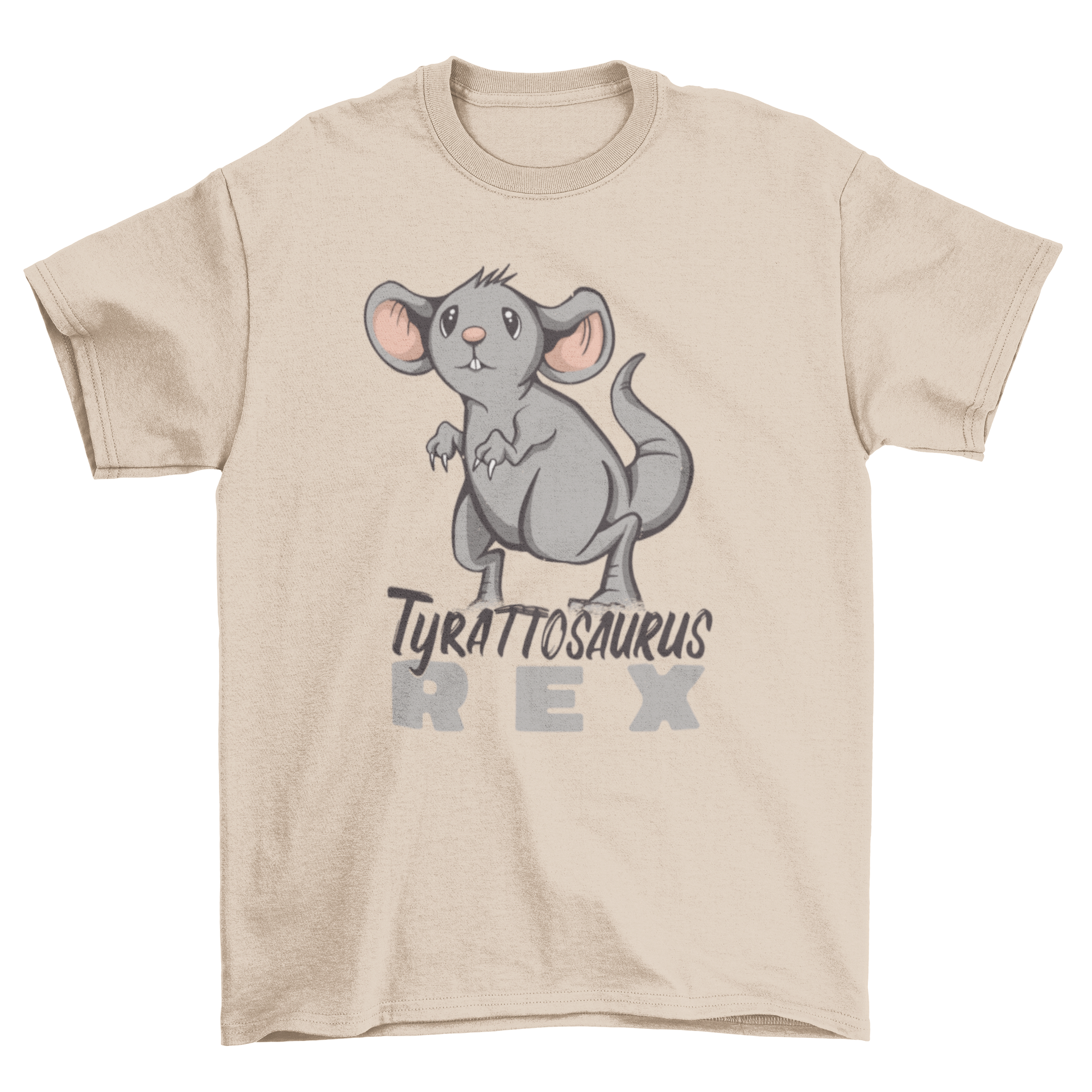 A humorous t-shirt featuring a rat posing like a dinosaur with the caption 'Tyrattosaurus Rex'.