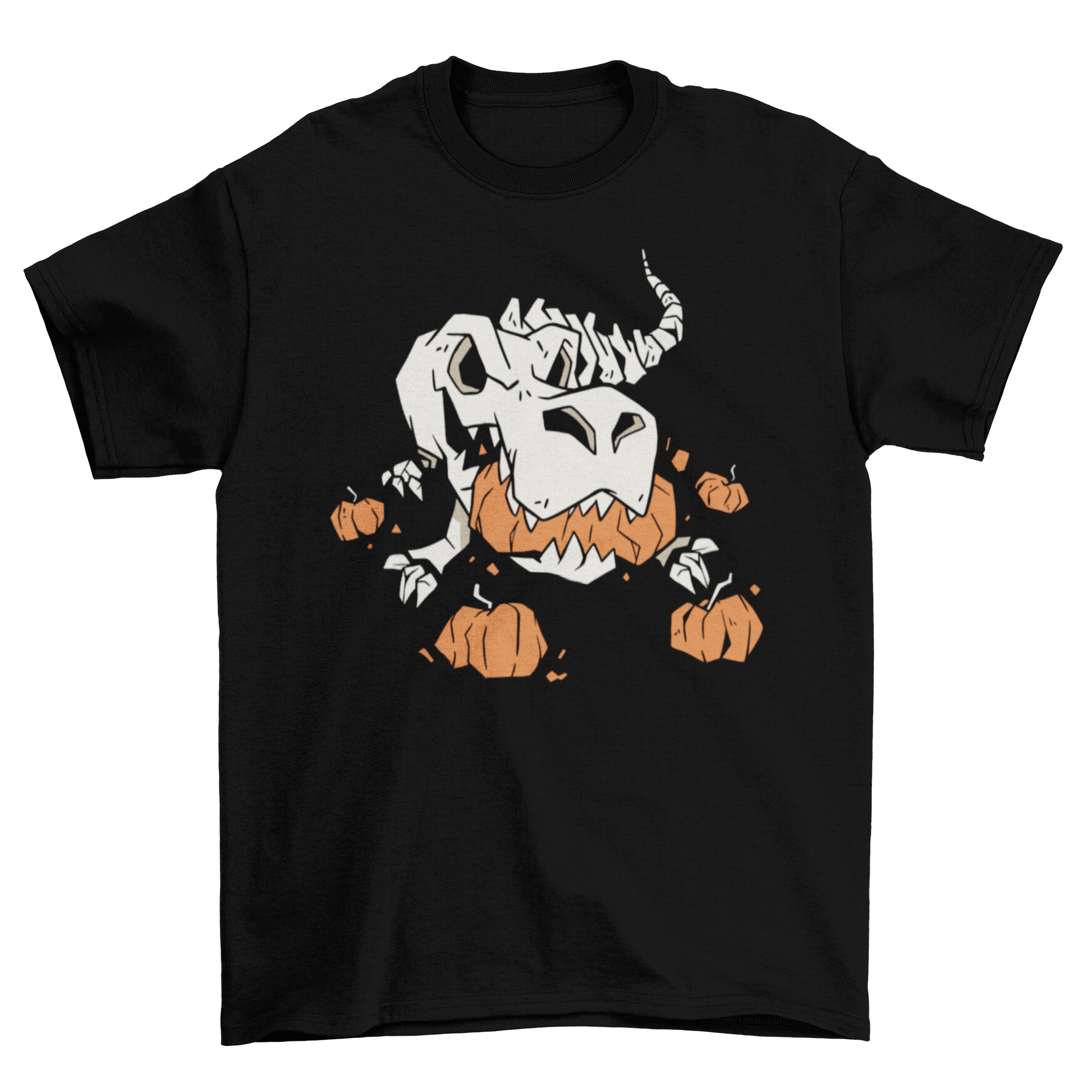 A fun t-shirt featuring a T-rex skeleton illustration eating pumpkins, perfect for Halloween.