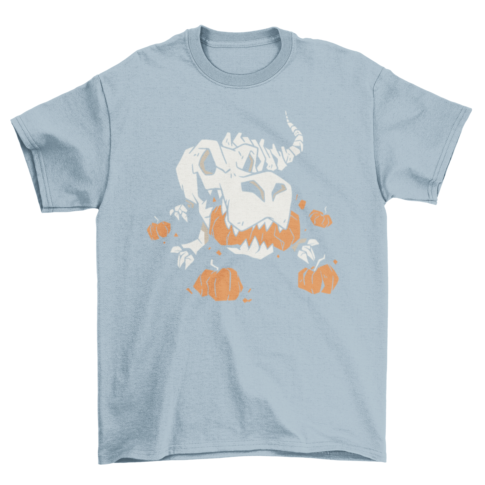 A fun t-shirt featuring a T-rex skeleton illustration eating pumpkins, perfect for Halloween.