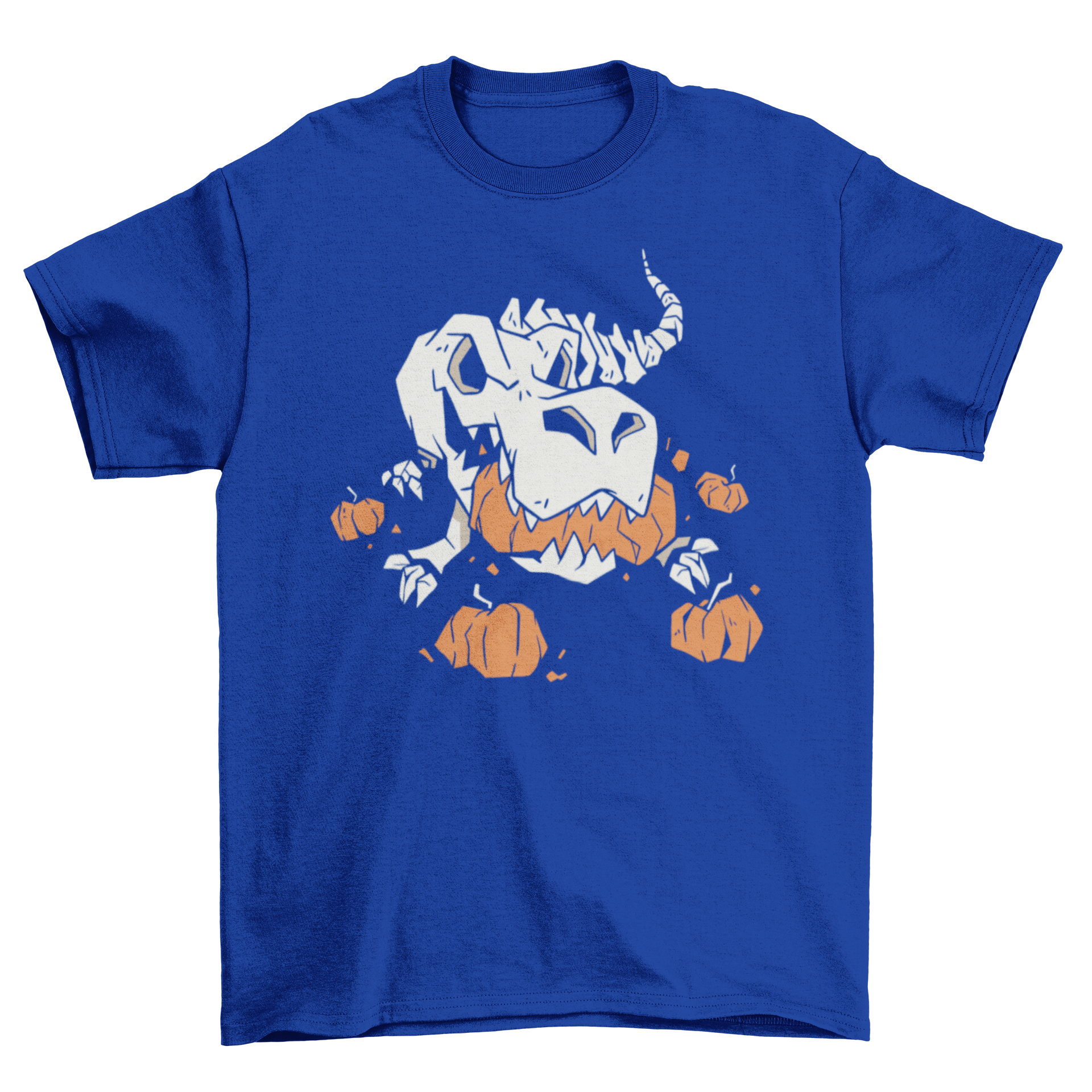 A fun t-shirt featuring a T-rex skeleton illustration eating pumpkins, perfect for Halloween.