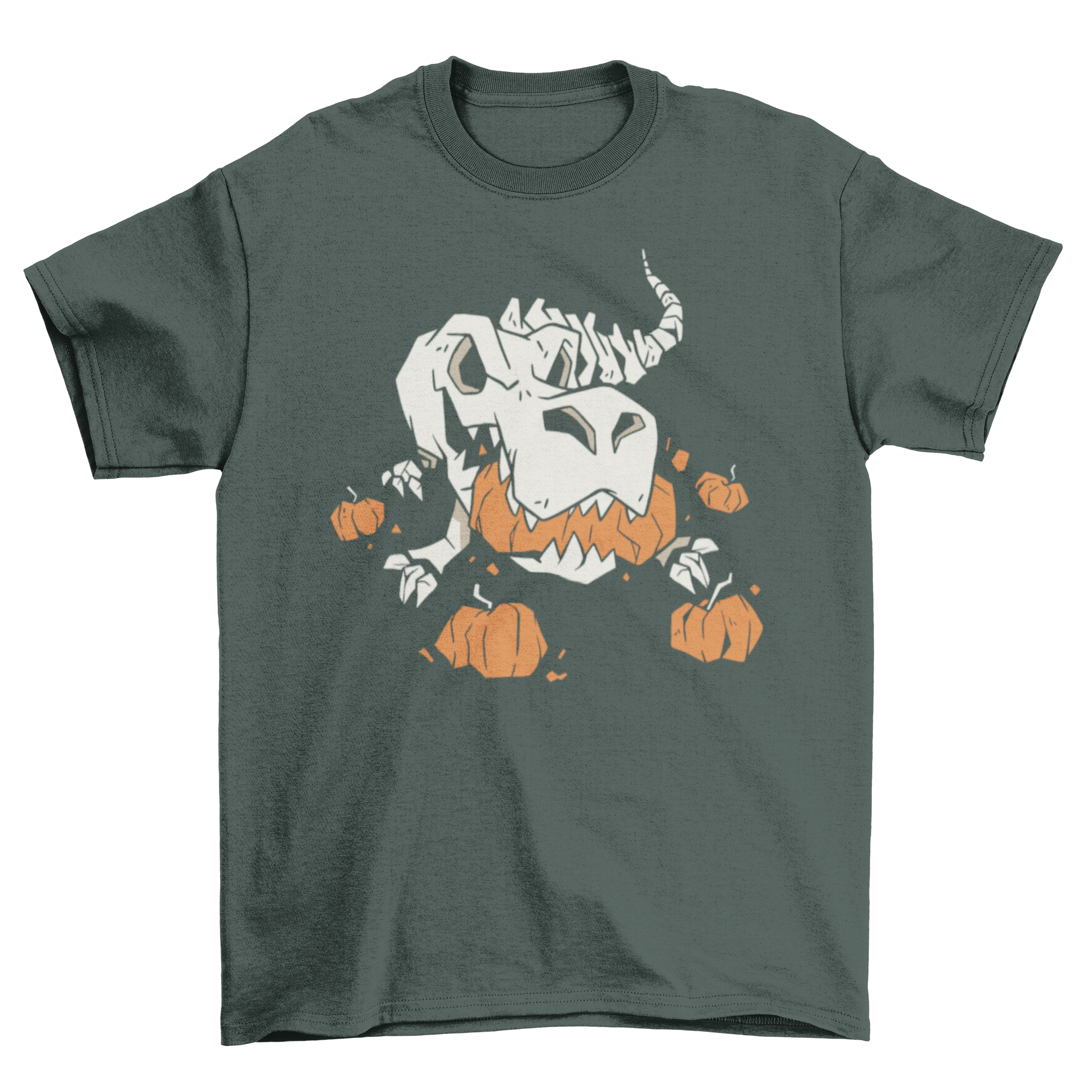 A fun t-shirt featuring a T-rex skeleton illustration eating pumpkins, perfect for Halloween.