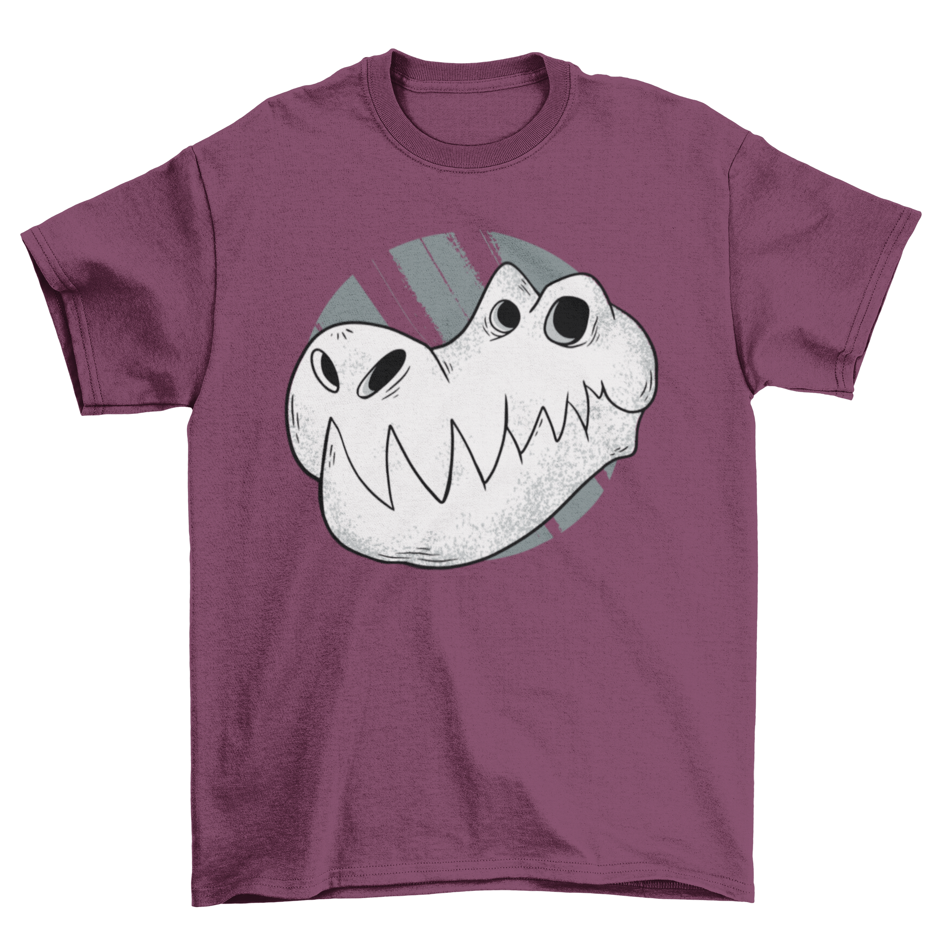 A vibrant T-rex skull cartoon design on a stylish T-shirt, perfect for dinosaur lovers.