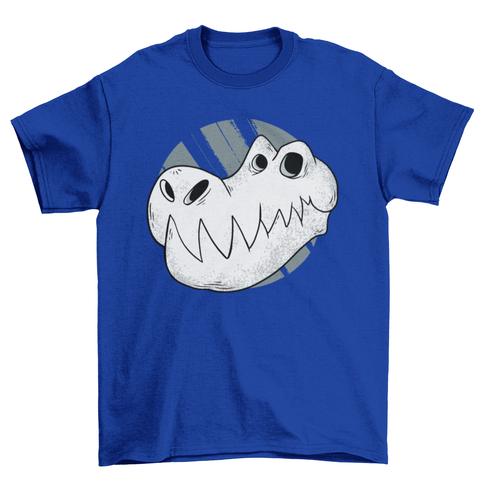 A vibrant T-rex skull cartoon design on a stylish T-shirt, perfect for dinosaur lovers.