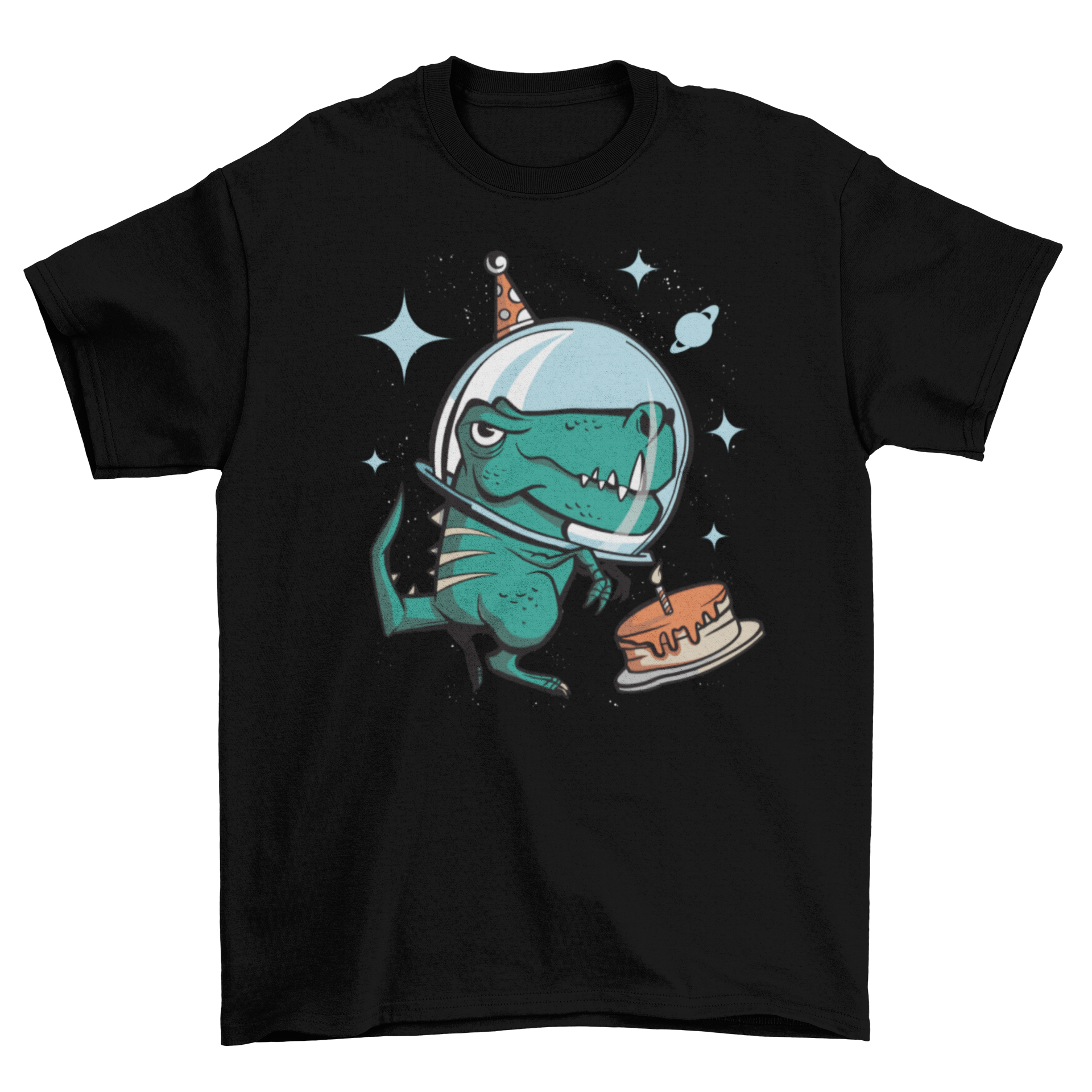 A colorful T-rex in space wearing a party hat, surrounded by balloons, featured on a birthday t-shirt.