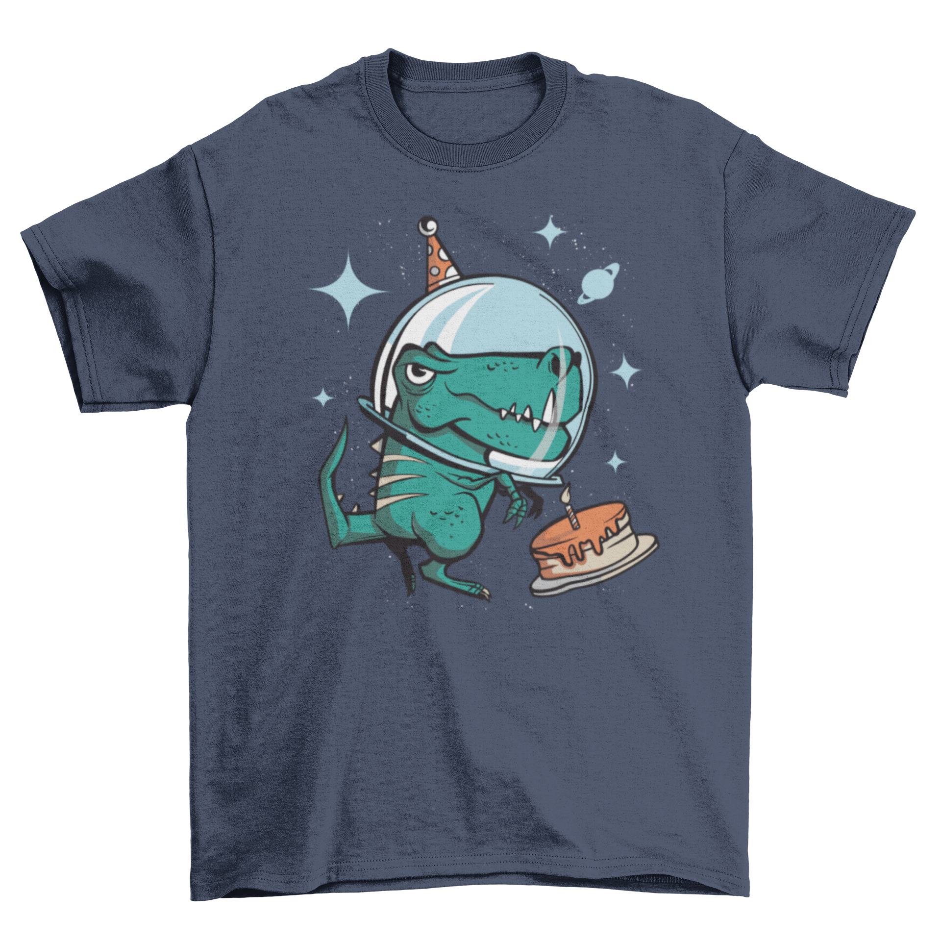 A colorful T-rex in space wearing a party hat, surrounded by balloons, featured on a birthday t-shirt.