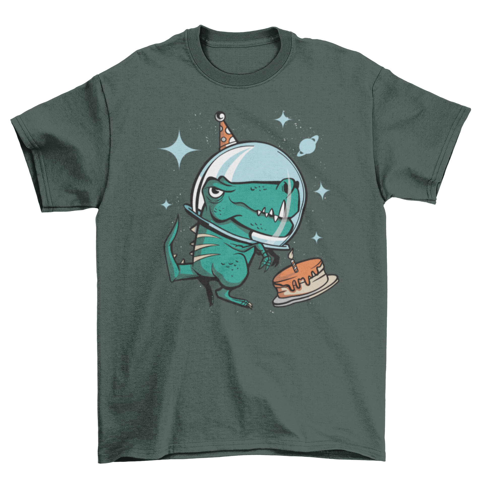 A colorful T-rex in space wearing a party hat, surrounded by balloons, featured on a birthday t-shirt.