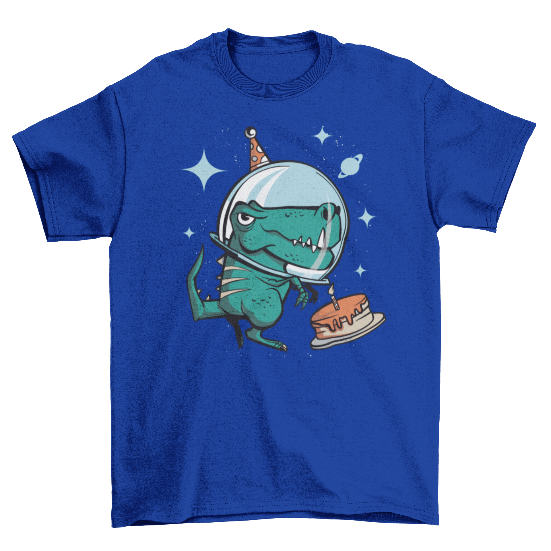 A colorful T-rex in space wearing a party hat, surrounded by balloons, featured on a birthday t-shirt.