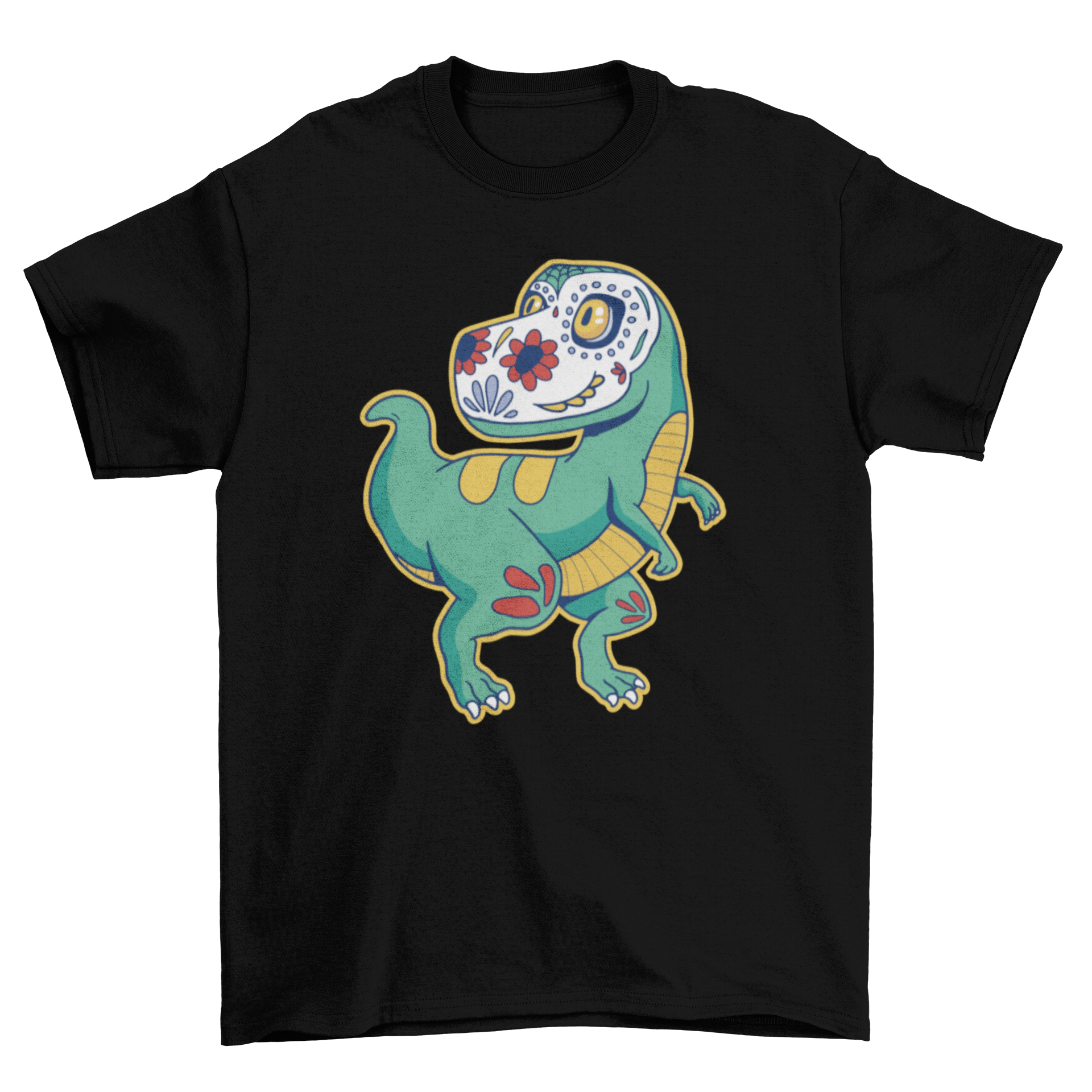 A vibrant T-rex sugar skull t-shirt featuring a colorful dinosaur design with a sugar skull face, perfect for casual wear.