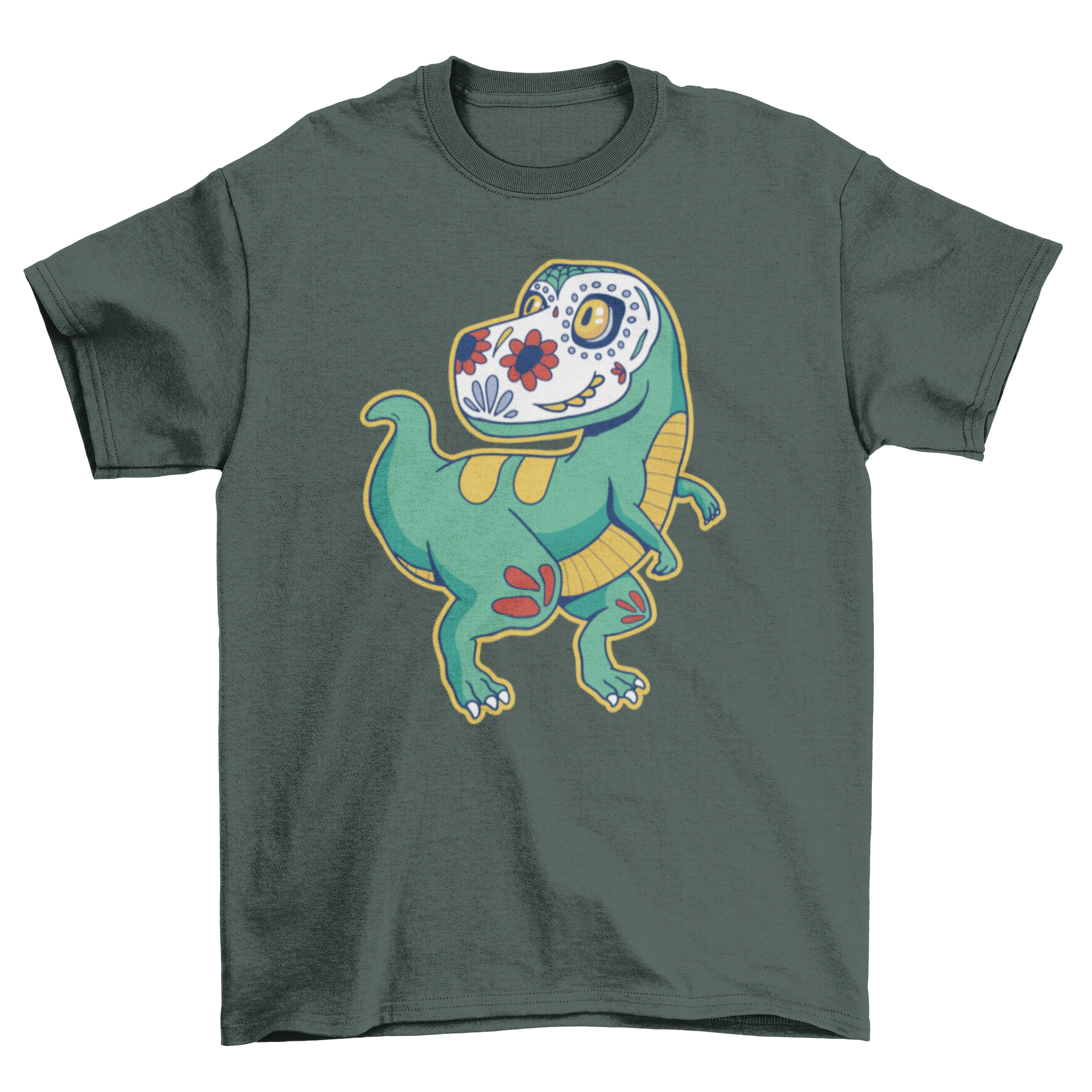 A vibrant T-rex sugar skull t-shirt featuring a colorful dinosaur design with a sugar skull face, perfect for casual wear.