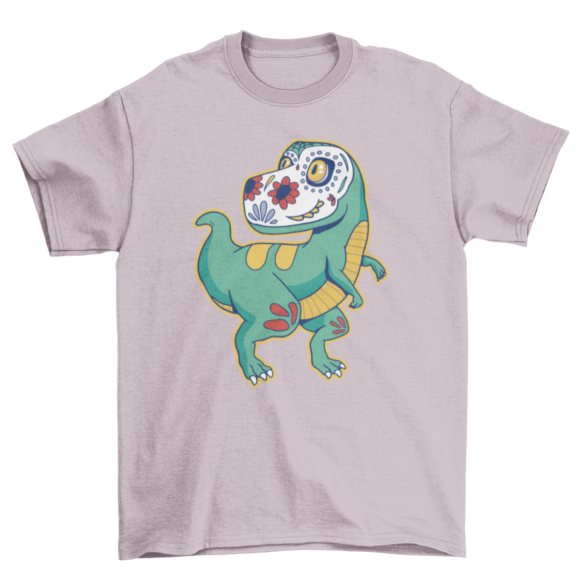 A vibrant T-rex sugar skull t-shirt featuring a colorful dinosaur design with a sugar skull face, perfect for casual wear.