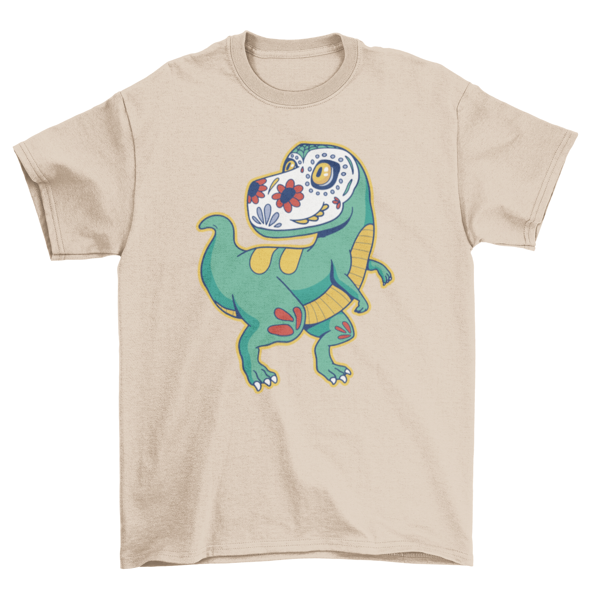 A vibrant T-rex sugar skull t-shirt featuring a colorful dinosaur design with a sugar skull face, perfect for casual wear.