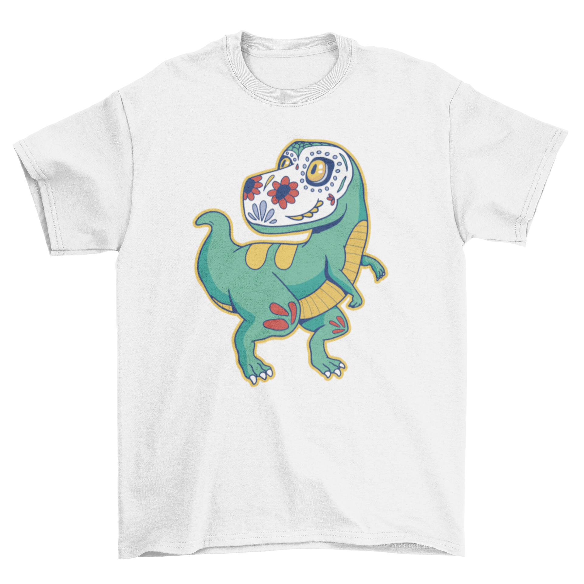 A vibrant T-rex sugar skull t-shirt featuring a colorful dinosaur design with a sugar skull face, perfect for casual wear.