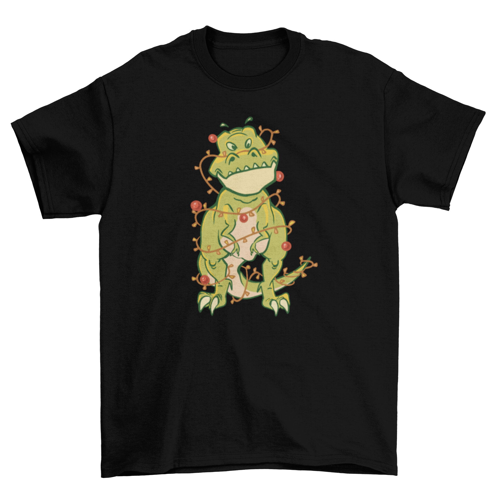 A playful T-Rex dinosaur tangled in colorful Christmas lights on a soft t-shirt.