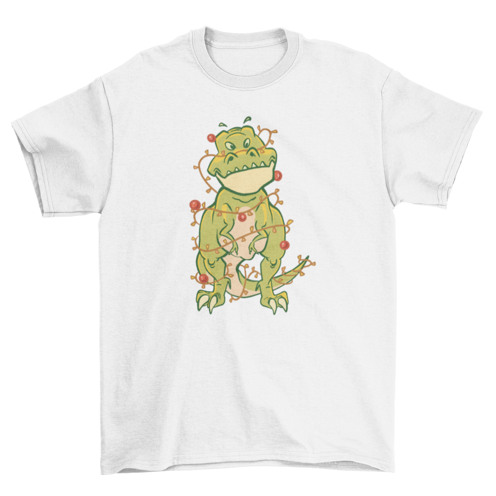 A playful T-Rex dinosaur tangled in colorful Christmas lights on a soft t-shirt.