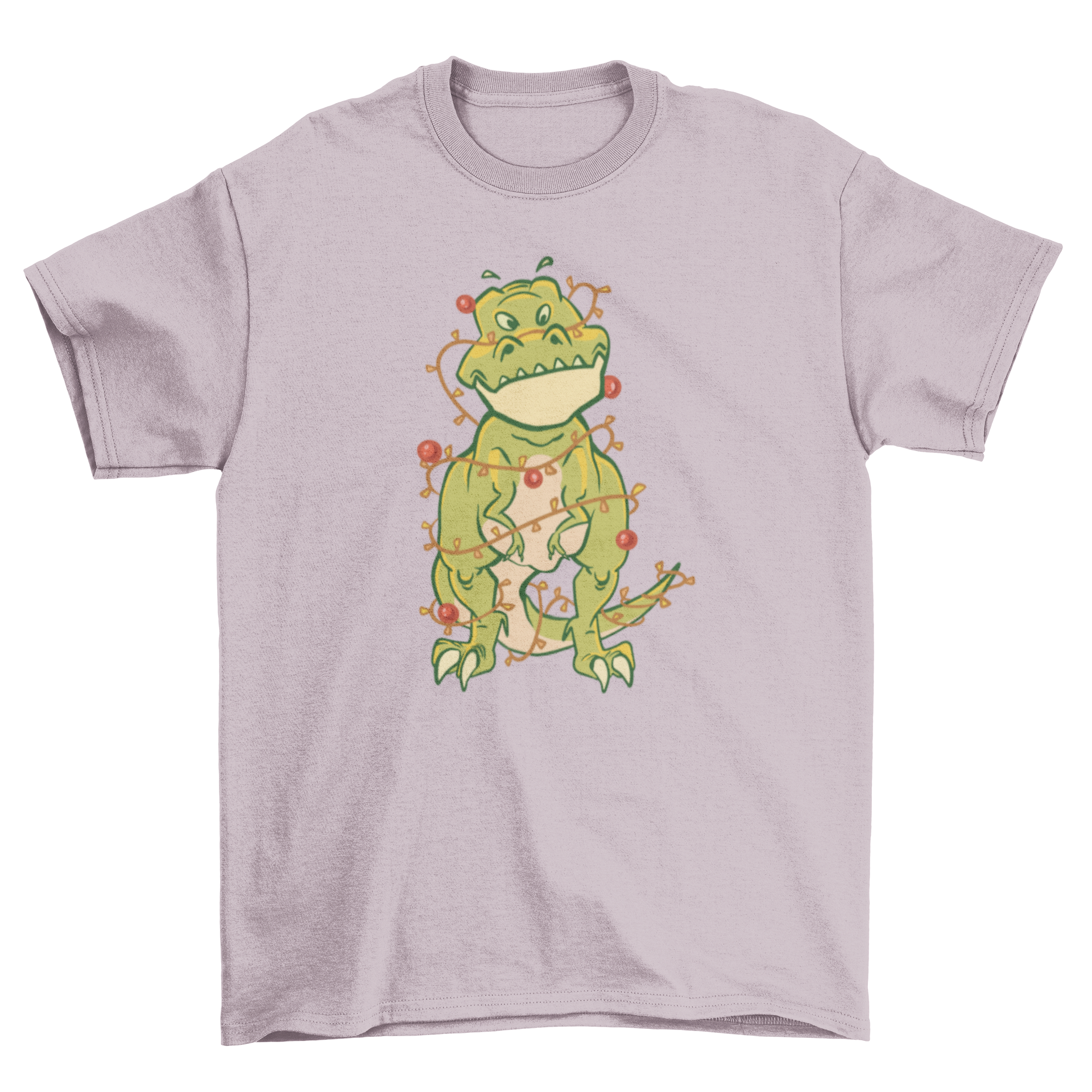 A playful T-Rex dinosaur tangled in colorful Christmas lights on a soft t-shirt.