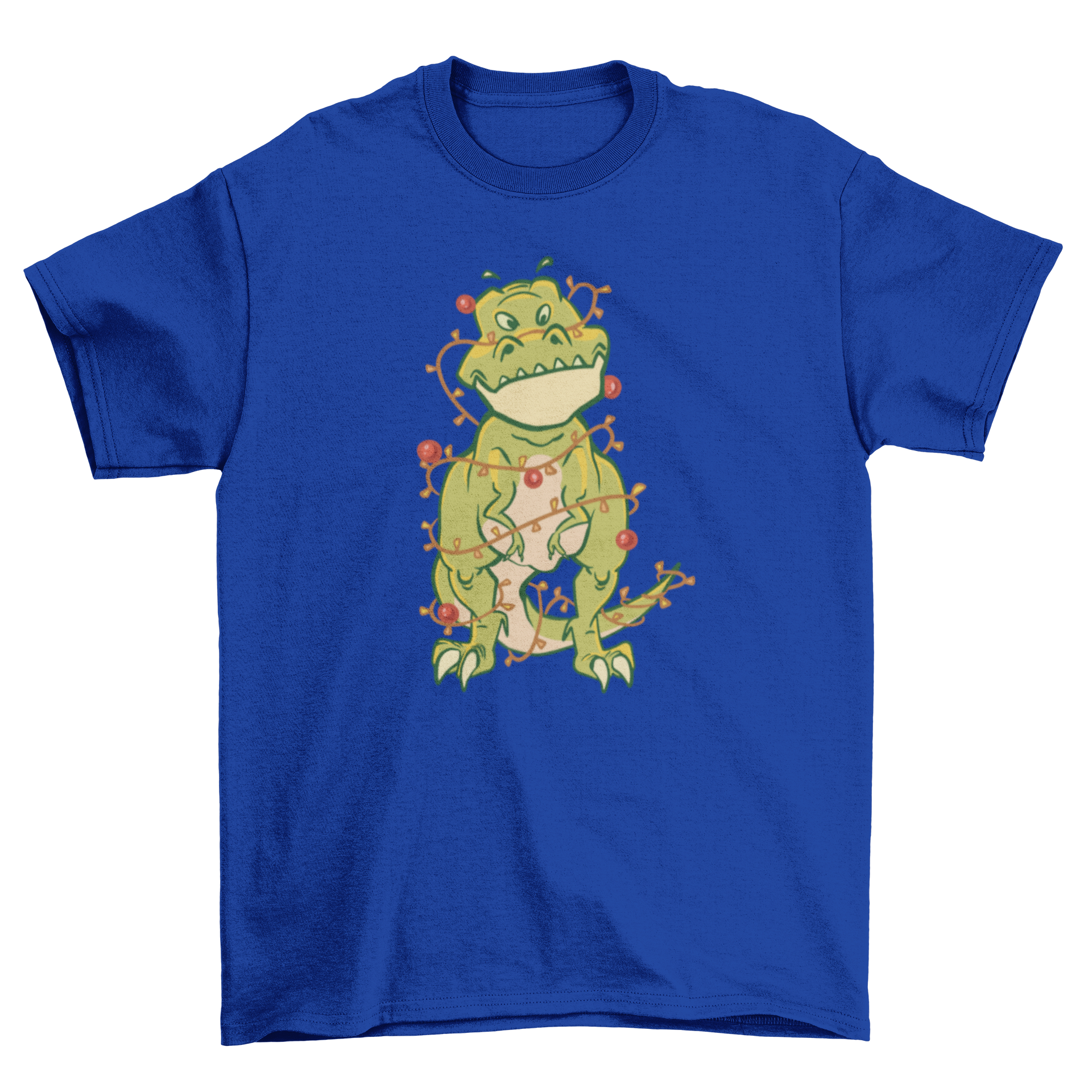 A playful T-Rex dinosaur tangled in colorful Christmas lights on a soft t-shirt.