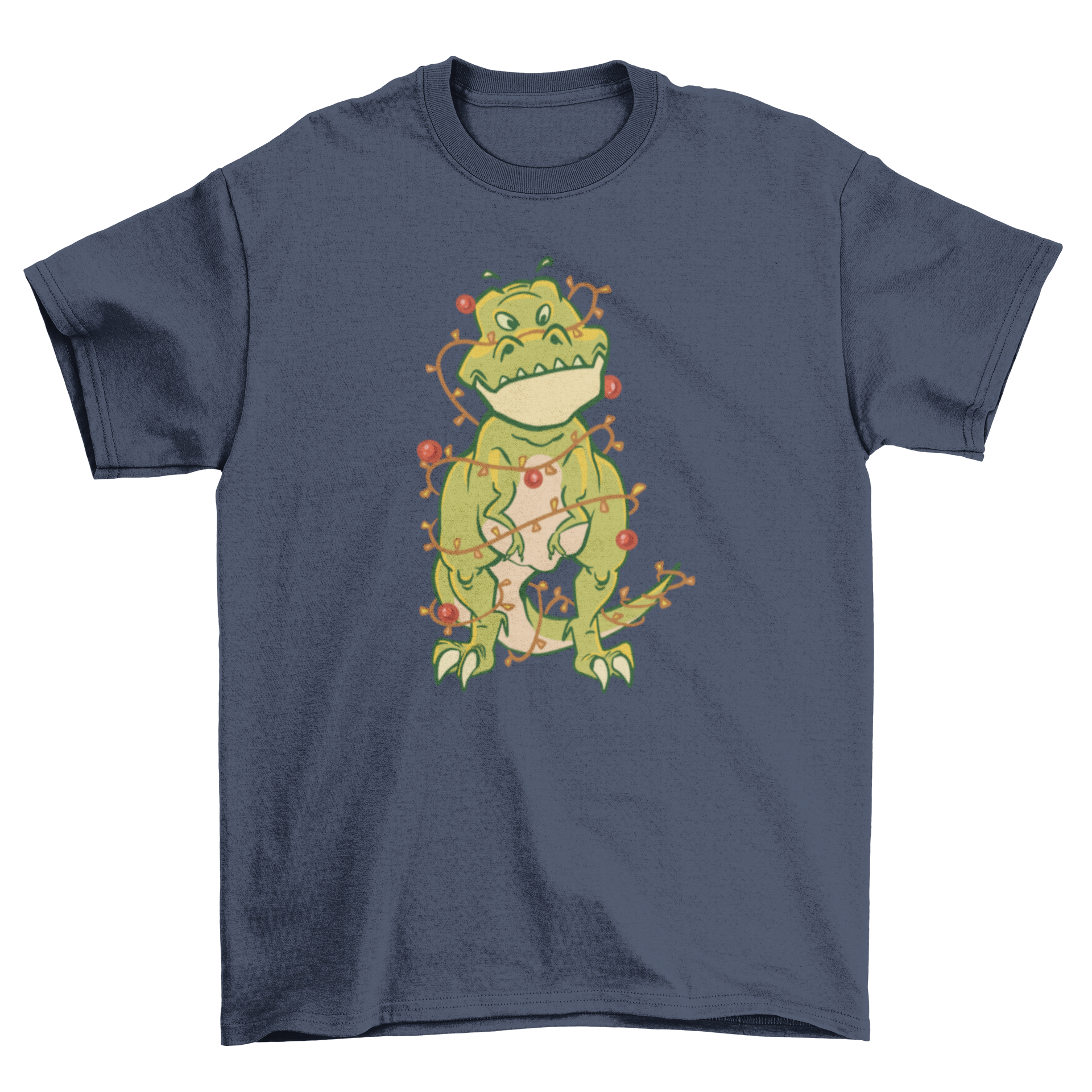 A playful T-Rex dinosaur tangled in colorful Christmas lights on a soft t-shirt.