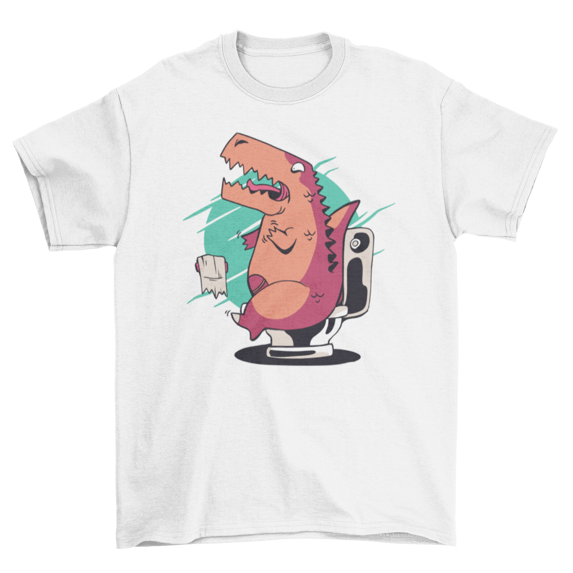 A humorous T-shirt featuring a T-rex struggling to use toilet paper, showcasing a fun and quirky design.