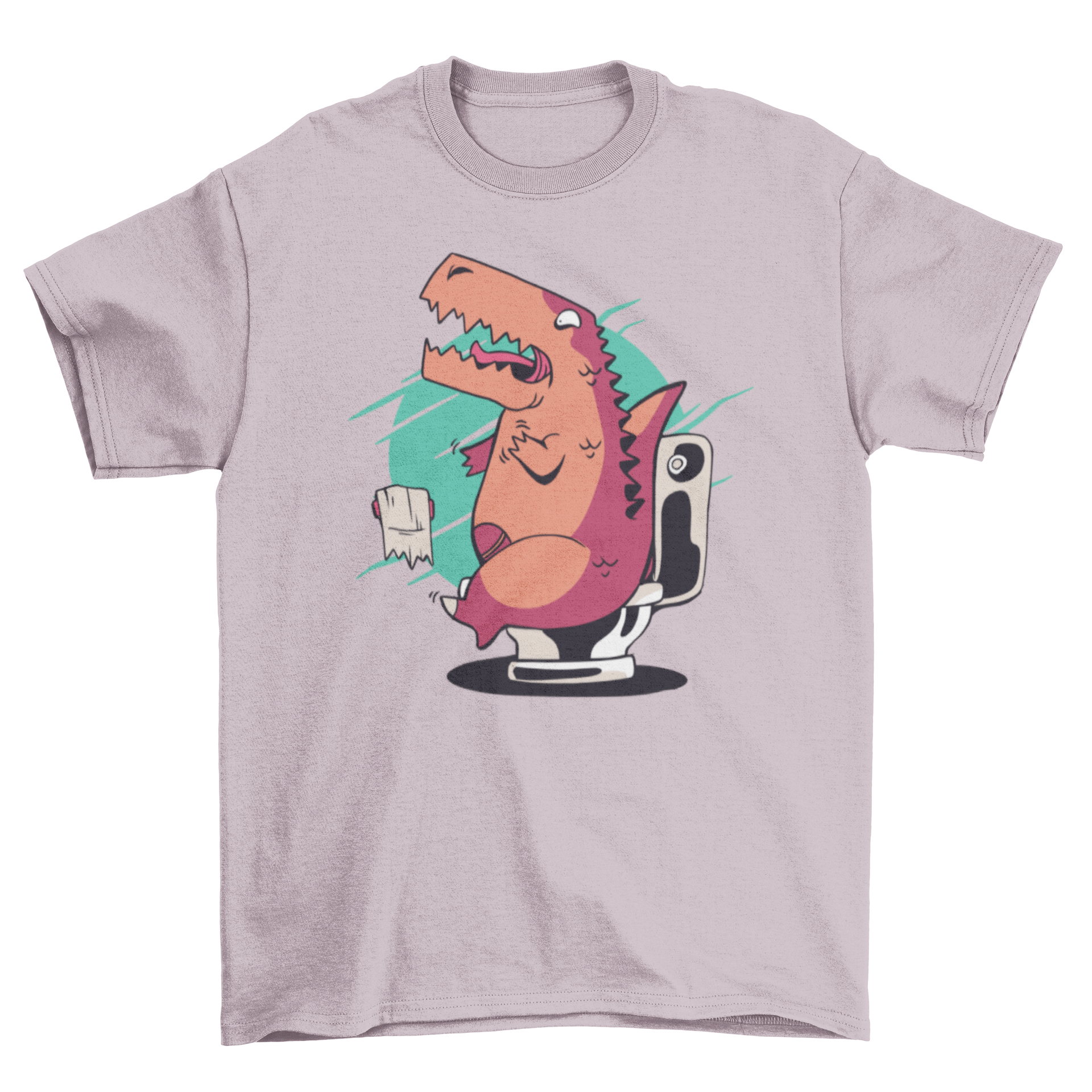 A humorous T-shirt featuring a T-rex struggling to use toilet paper, showcasing a fun and quirky design.