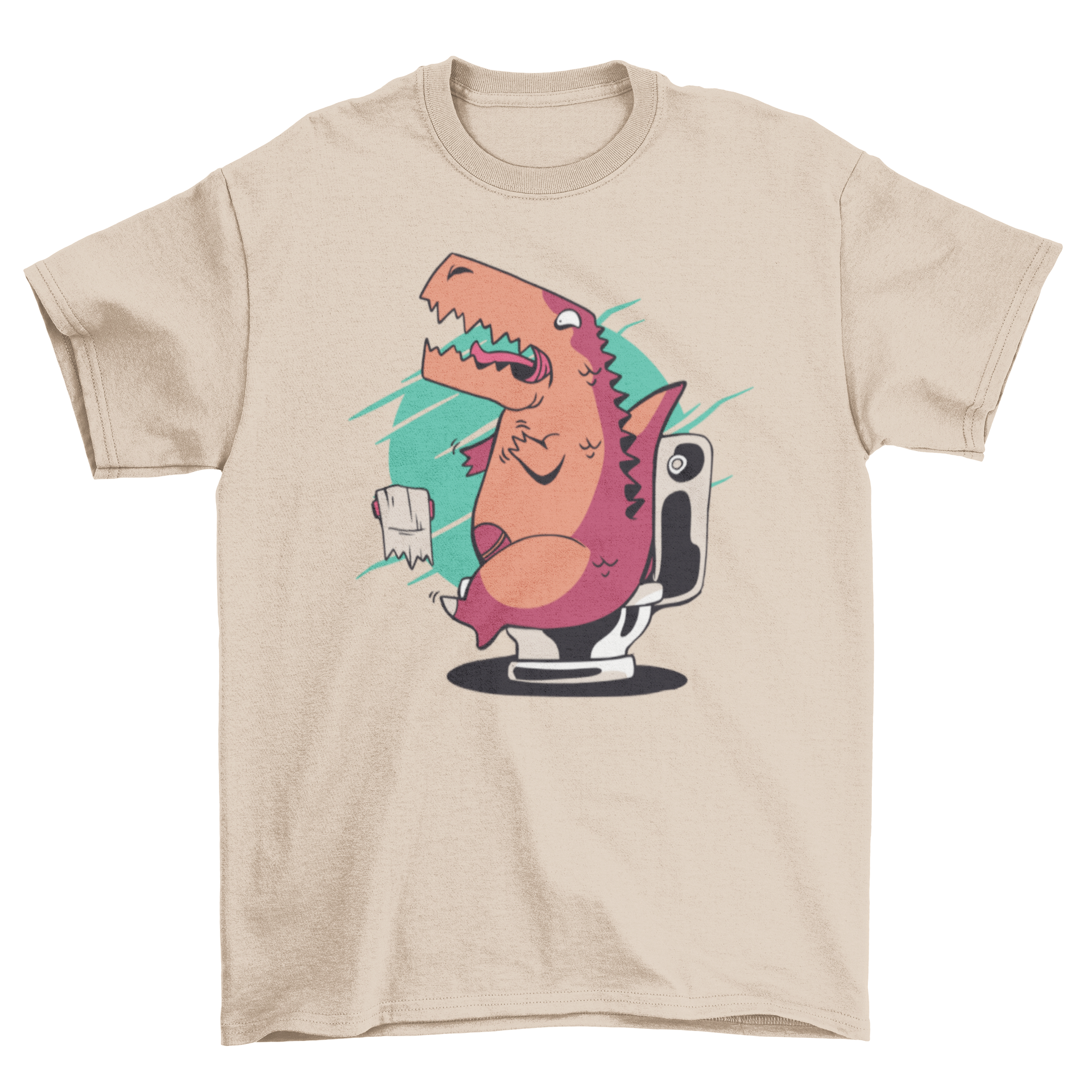 A humorous T-shirt featuring a T-rex struggling to use toilet paper, showcasing a fun and quirky design.