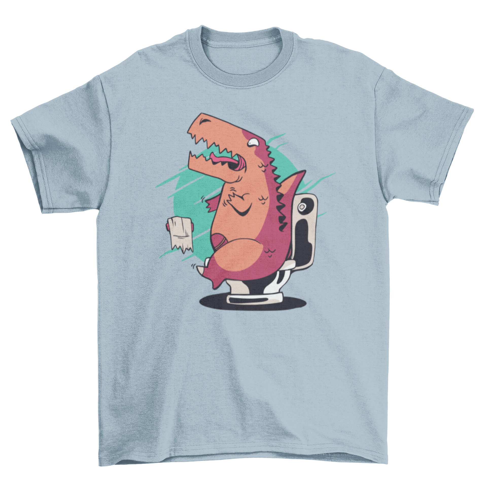 A humorous T-shirt featuring a T-rex struggling to use toilet paper, showcasing a fun and quirky design.