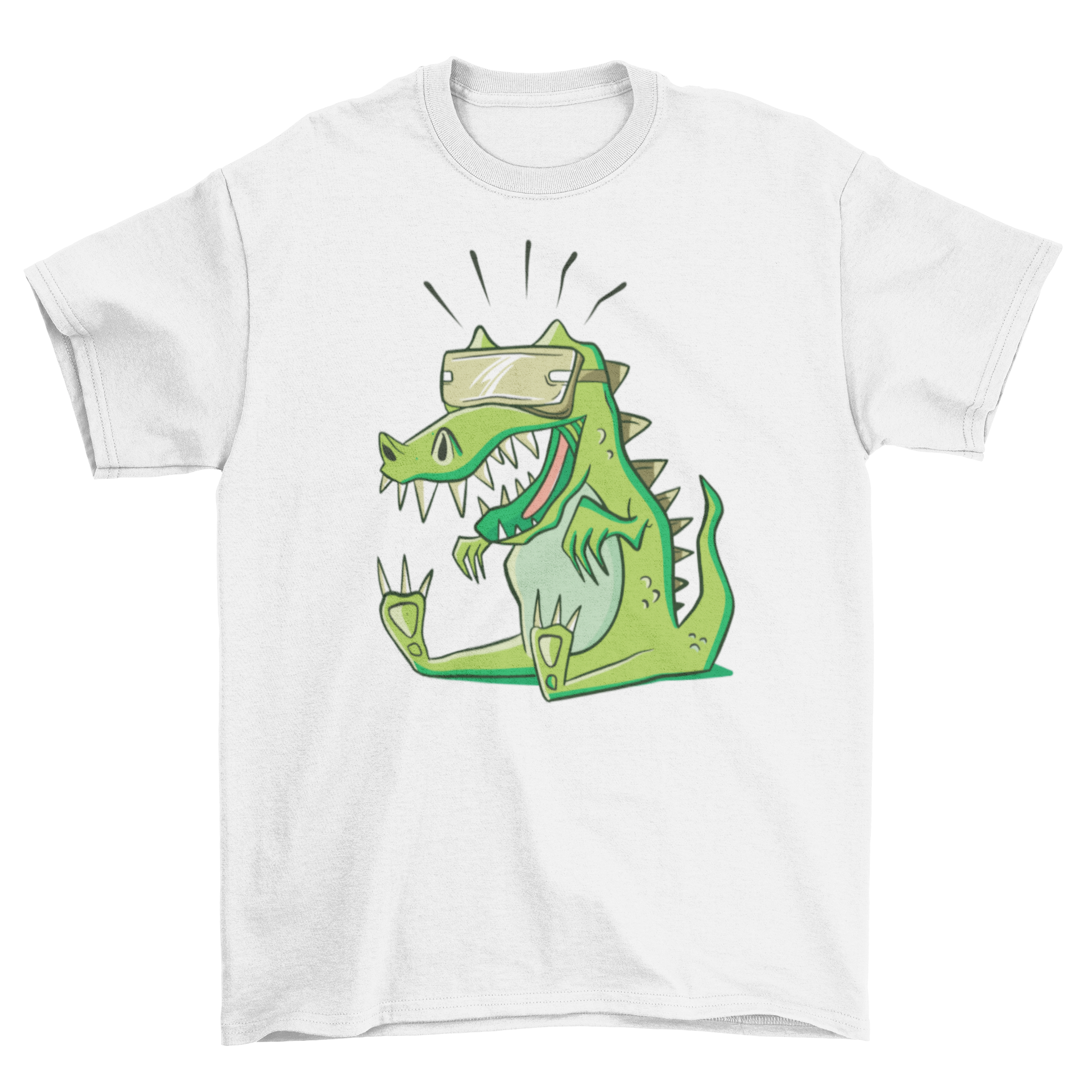 A humorous T-rex cartoon wearing VR goggles on a stylish T-shirt.