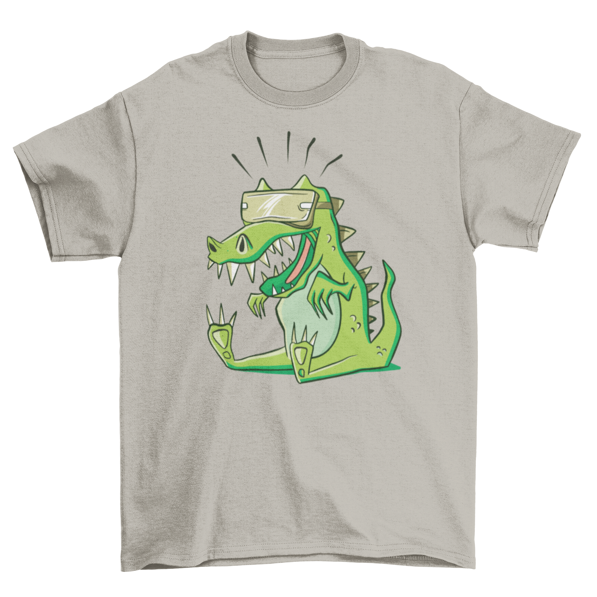 A humorous T-rex cartoon wearing VR goggles on a stylish T-shirt.