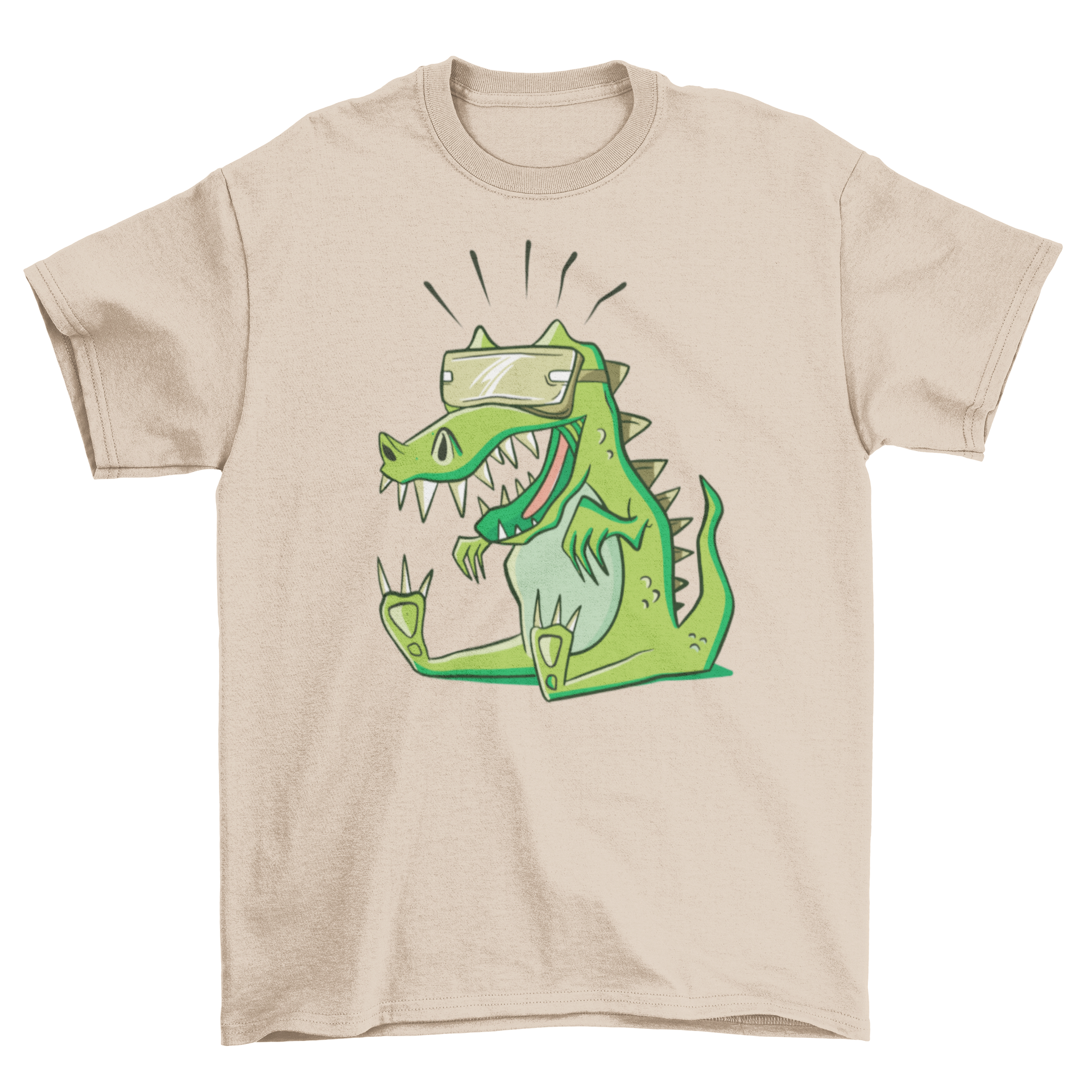 A humorous T-rex cartoon wearing VR goggles on a stylish T-shirt.