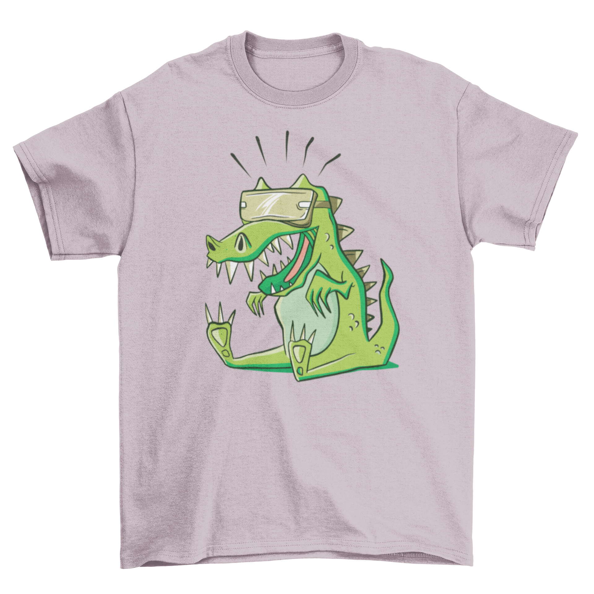 A humorous T-rex cartoon wearing VR goggles on a stylish T-shirt.