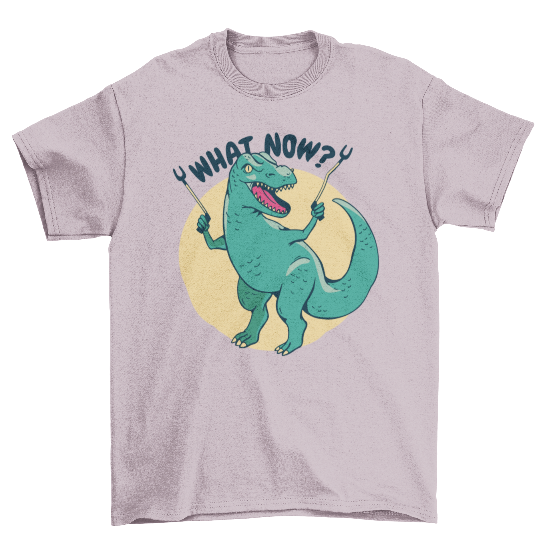 A playful t-shirt featuring a T-rex holding grabber sticks with the quote 'What now', perfect for dinosaur lovers.