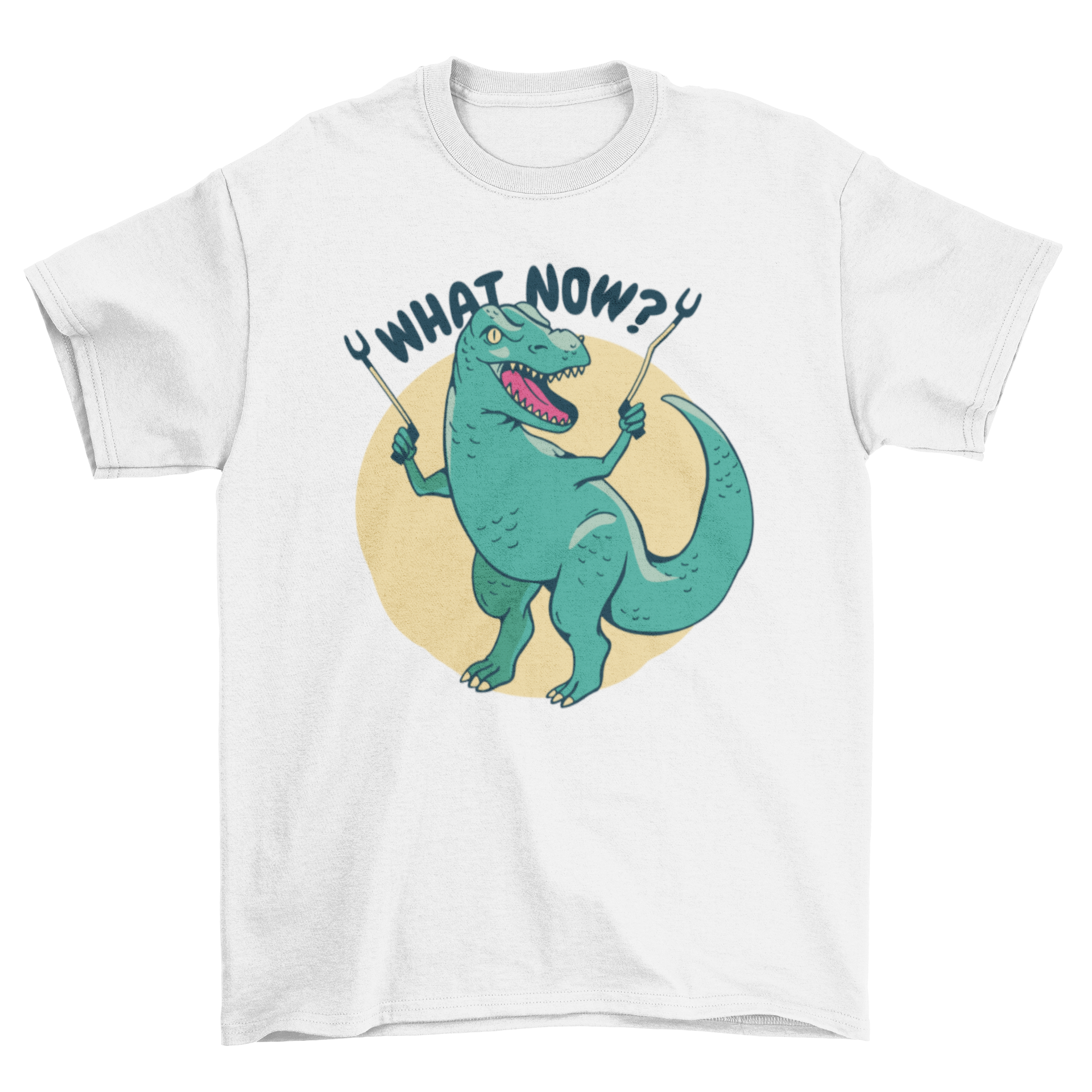 A playful t-shirt featuring a T-rex holding grabber sticks with the quote 'What now', perfect for dinosaur lovers.