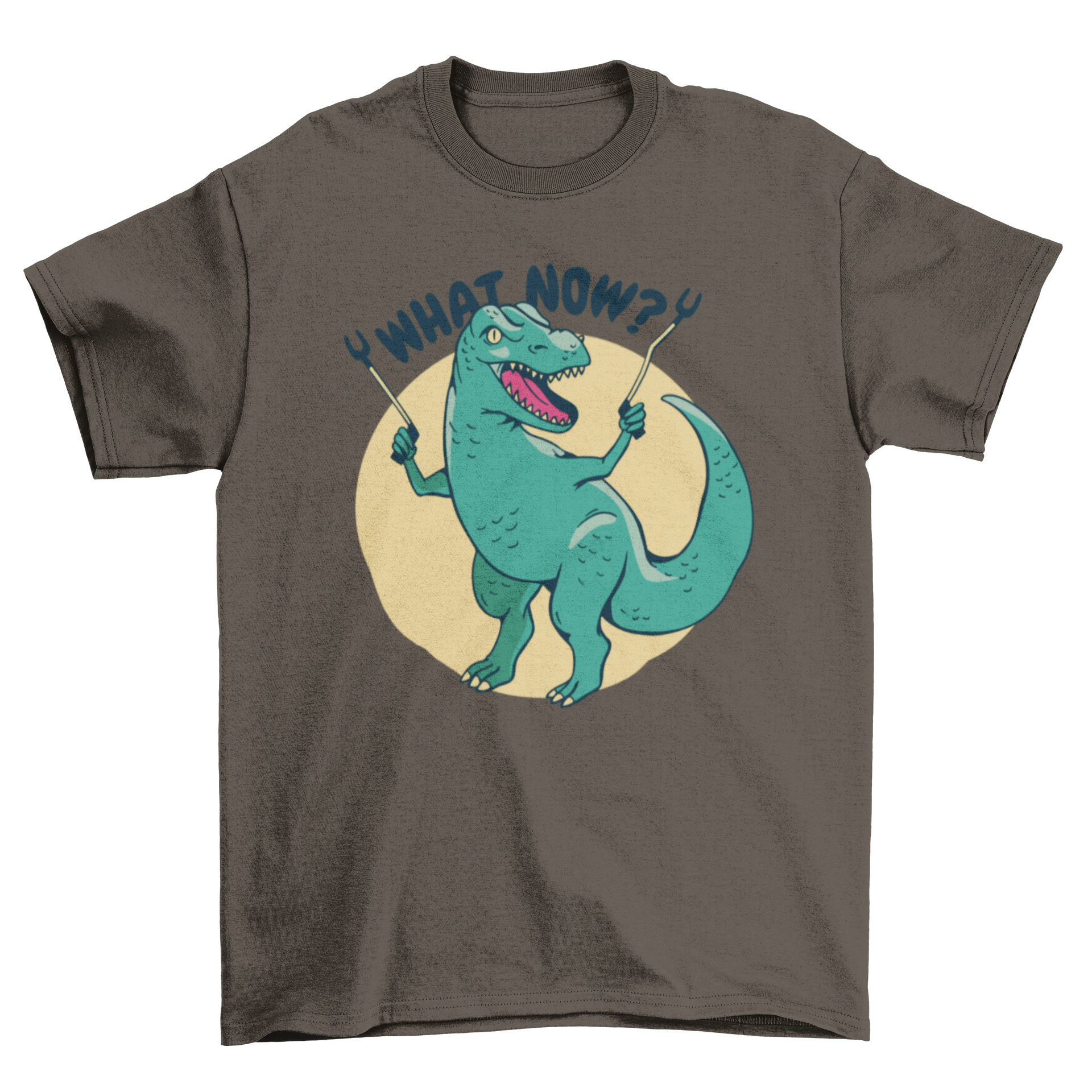 A playful t-shirt featuring a T-rex holding grabber sticks with the quote 'What now', perfect for dinosaur lovers.