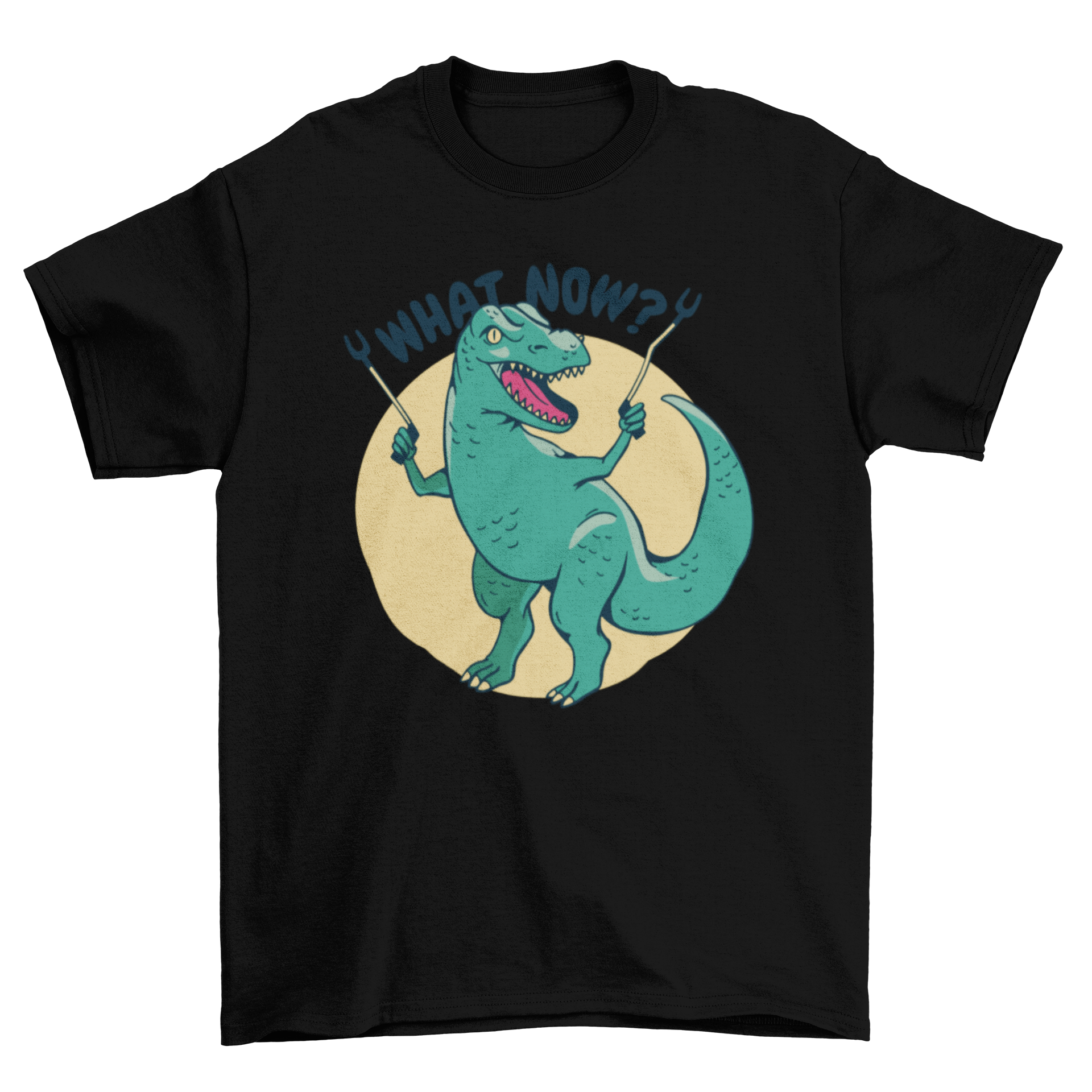 A playful t-shirt featuring a T-rex holding grabber sticks with the quote 'What now', perfect for dinosaur lovers.