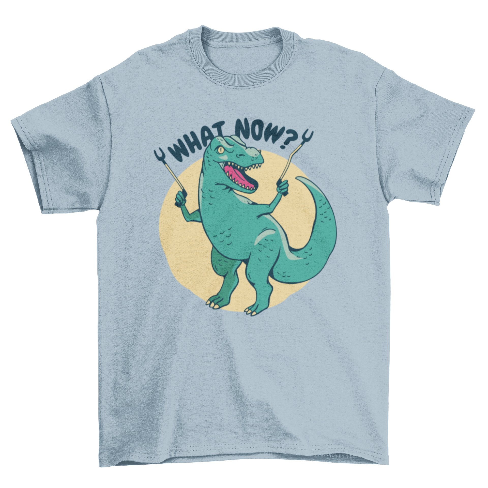 A playful t-shirt featuring a T-rex holding grabber sticks with the quote 'What now', perfect for dinosaur lovers.