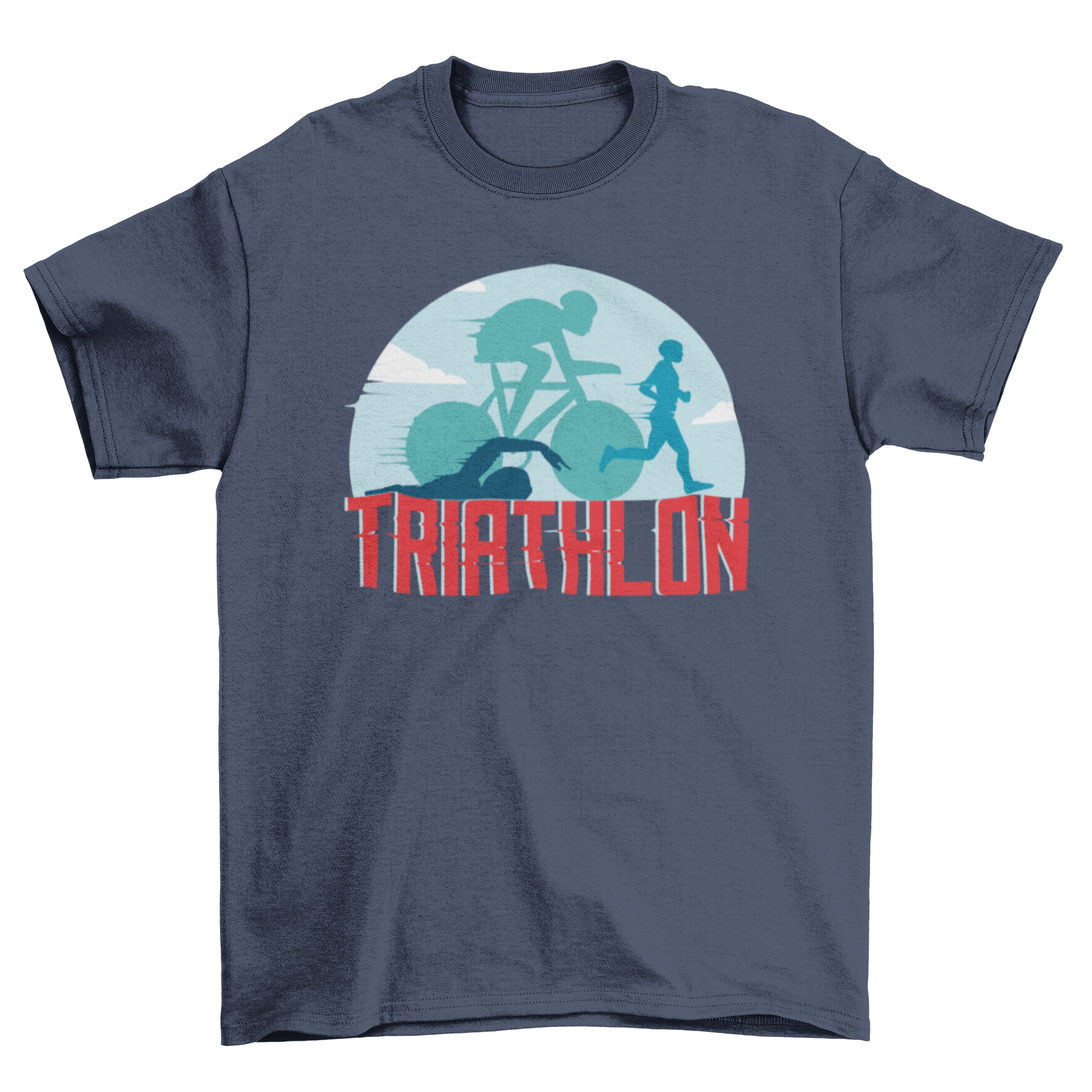 Triathlon Sports T-shirt featuring three sports silhouettes and bold red TRIATHLON text.