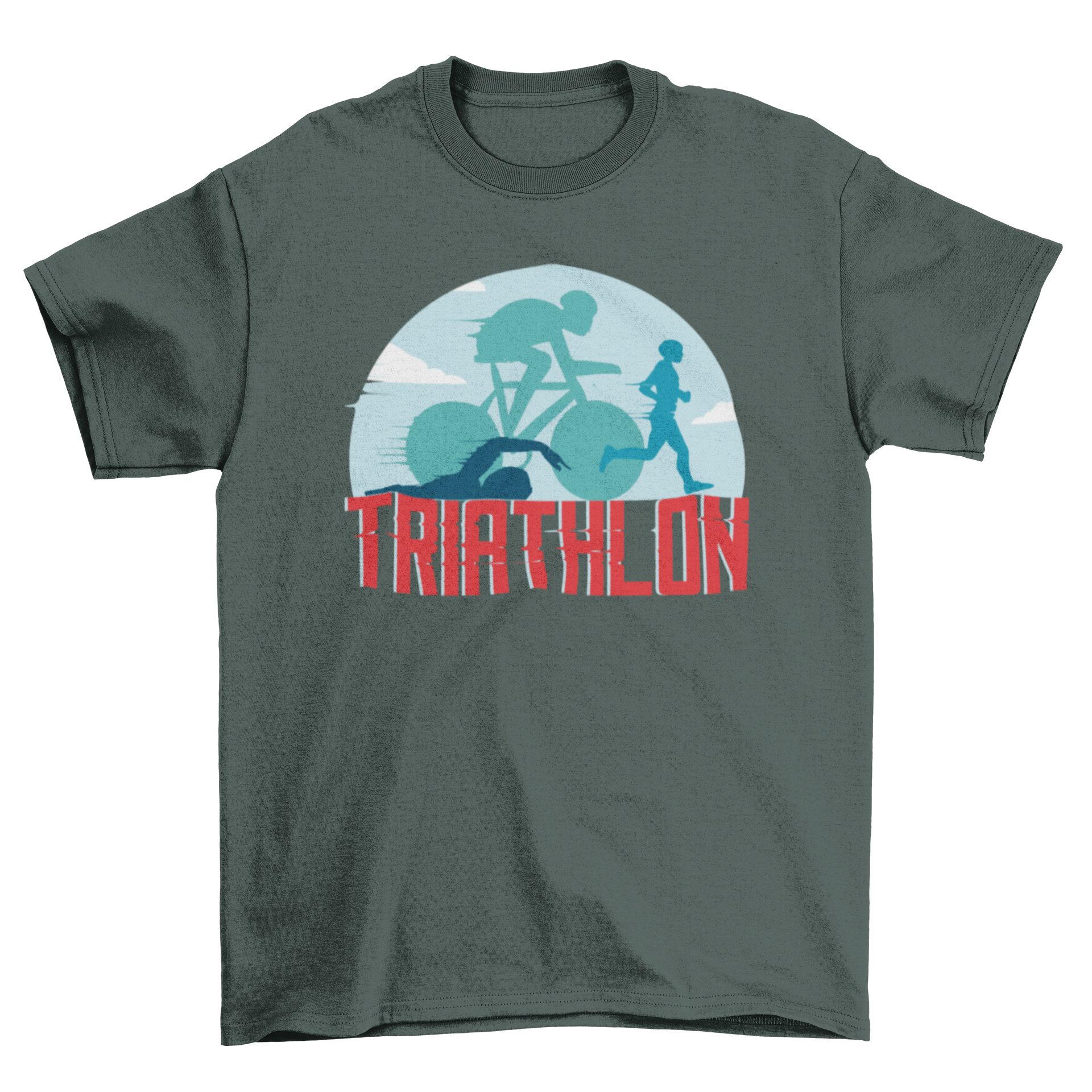 Triathlon Sports T-shirt featuring three sports silhouettes and bold red TRIATHLON text.