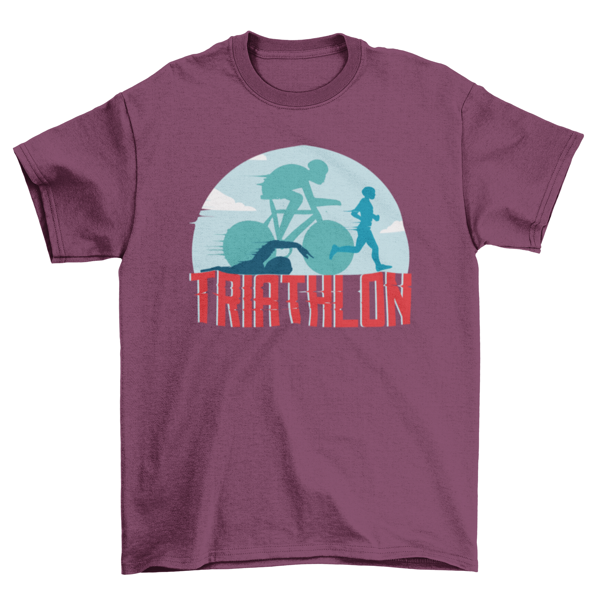 Triathlon Sports T-shirt featuring three sports silhouettes and bold red TRIATHLON text.