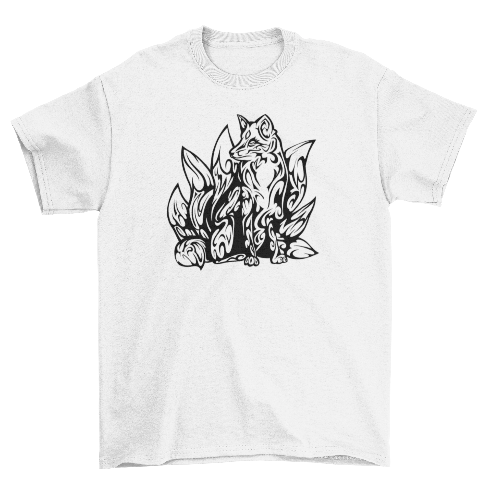 Tribal kitsune t-shirt featuring a detailed fox design with multiple tails in a tribal art style.