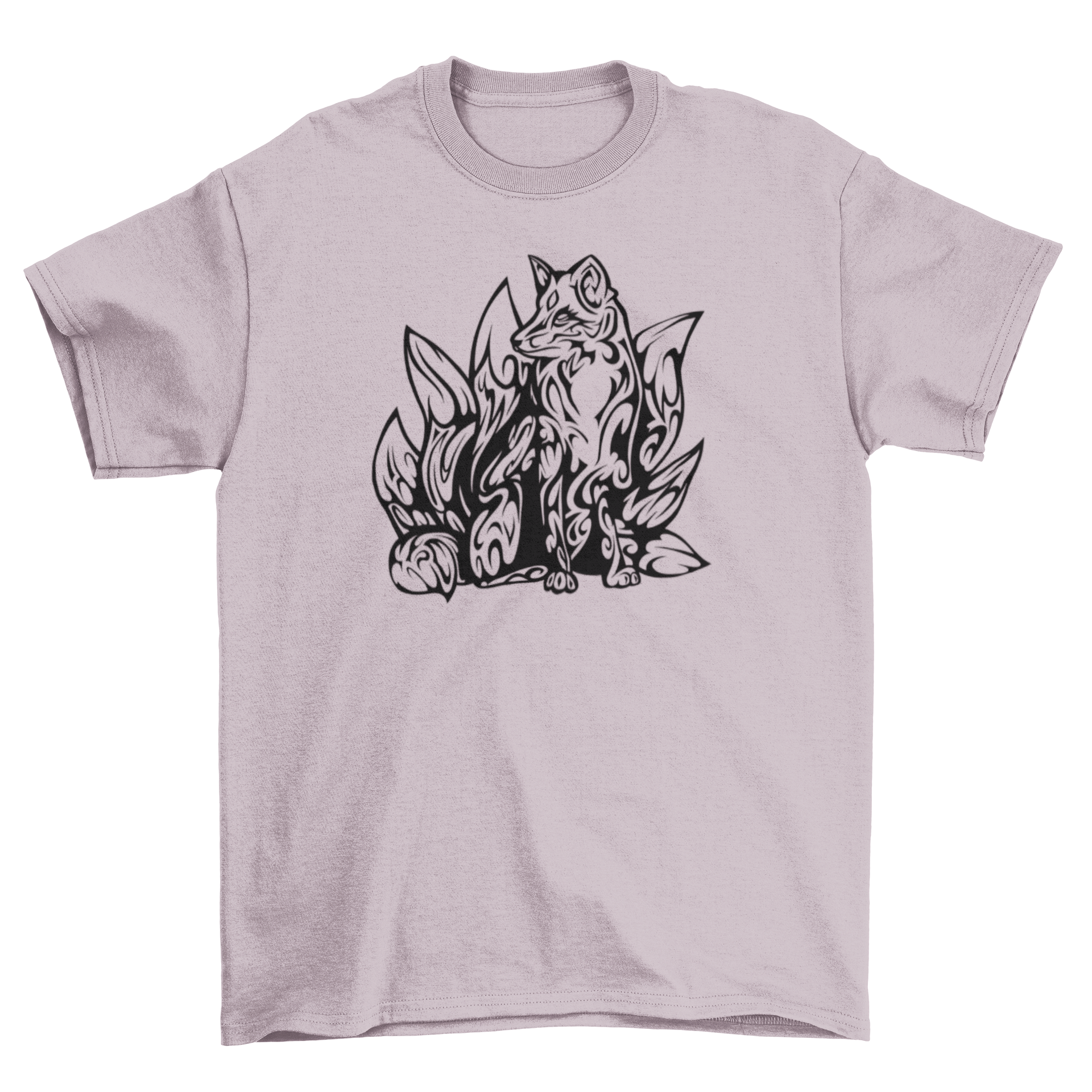 Tribal kitsune t-shirt featuring a detailed fox design with multiple tails in a tribal art style.