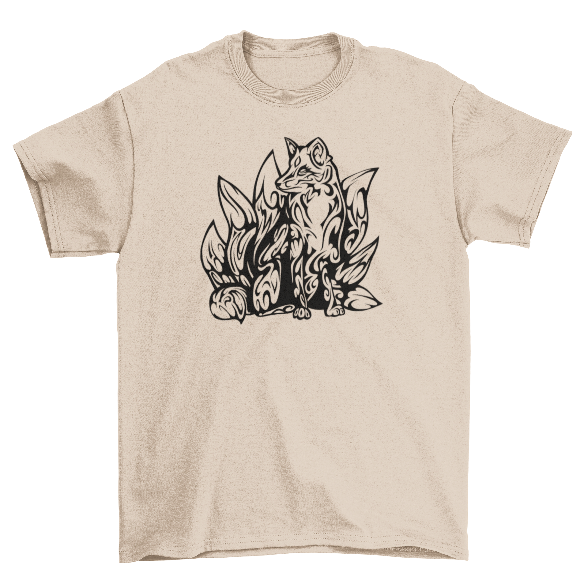 Tribal kitsune t-shirt featuring a detailed fox design with multiple tails in a tribal art style.