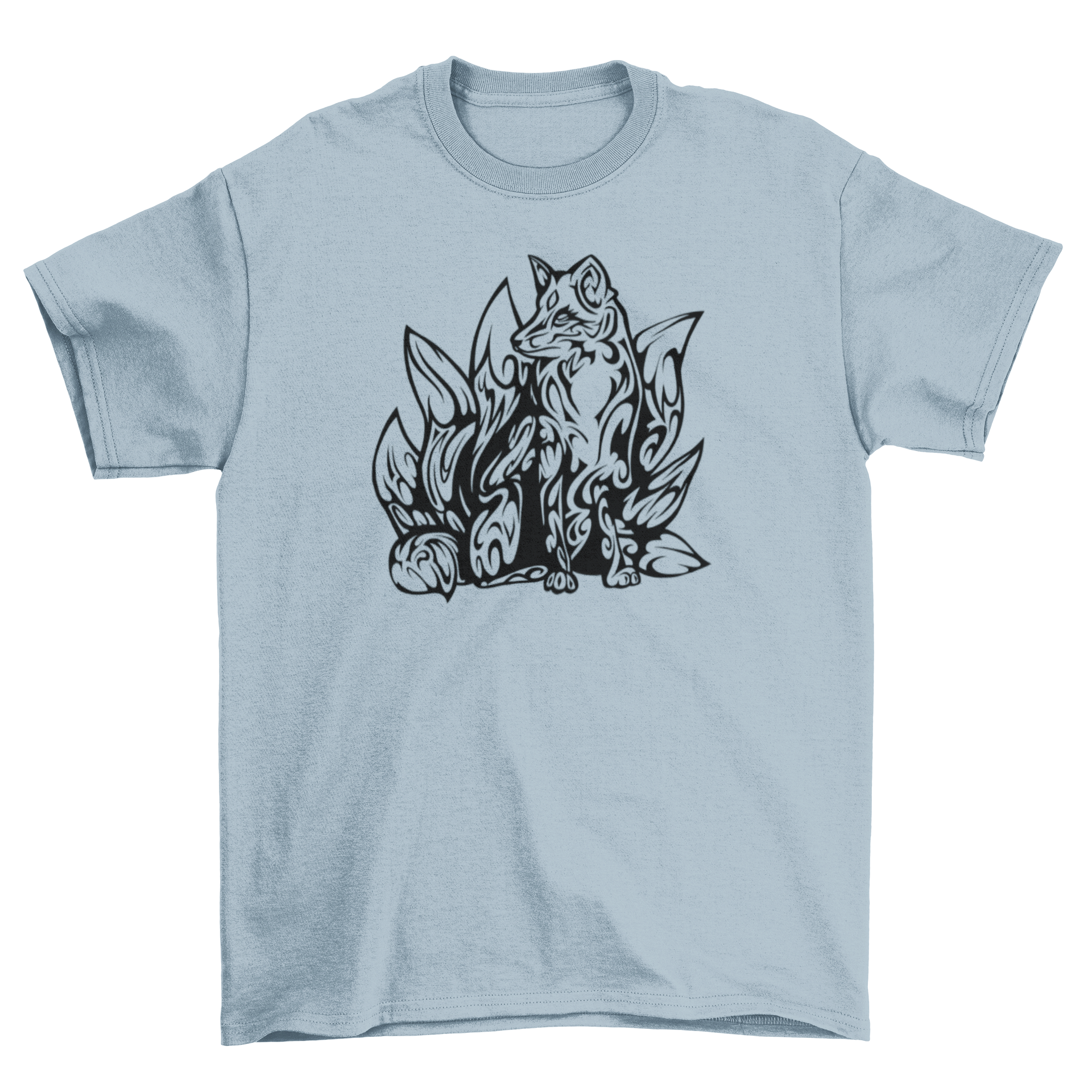 Tribal kitsune t-shirt featuring a detailed fox design with multiple tails in a tribal art style.