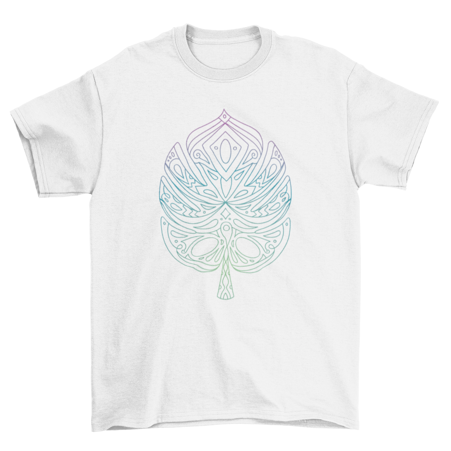 Tribal leaf t-shirt featuring a unique pastel design, showcasing intricate leaf patterns in soft colors.