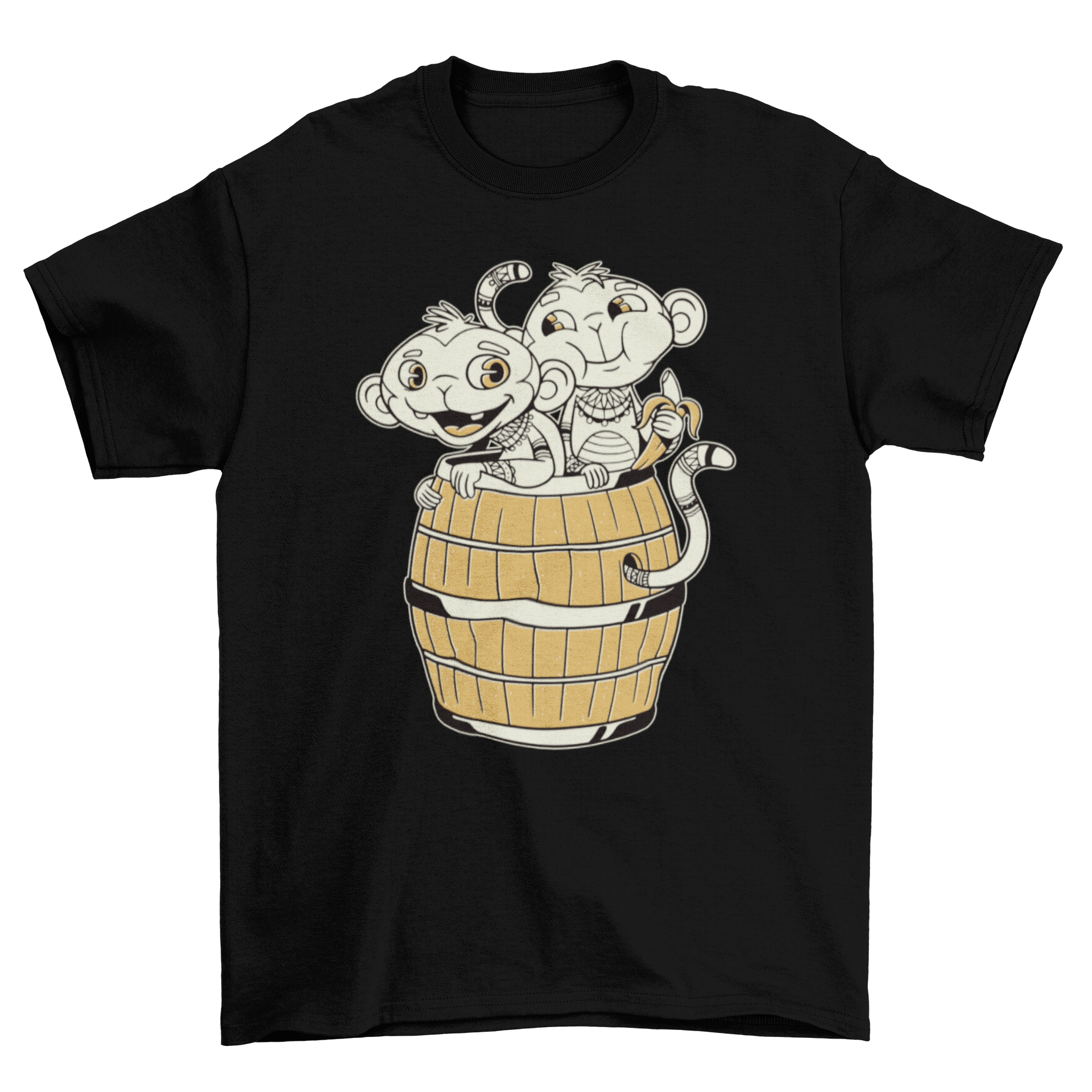 Tribal Monkey Cartoon T-shirt featuring two cute monkeys in a barrel design.