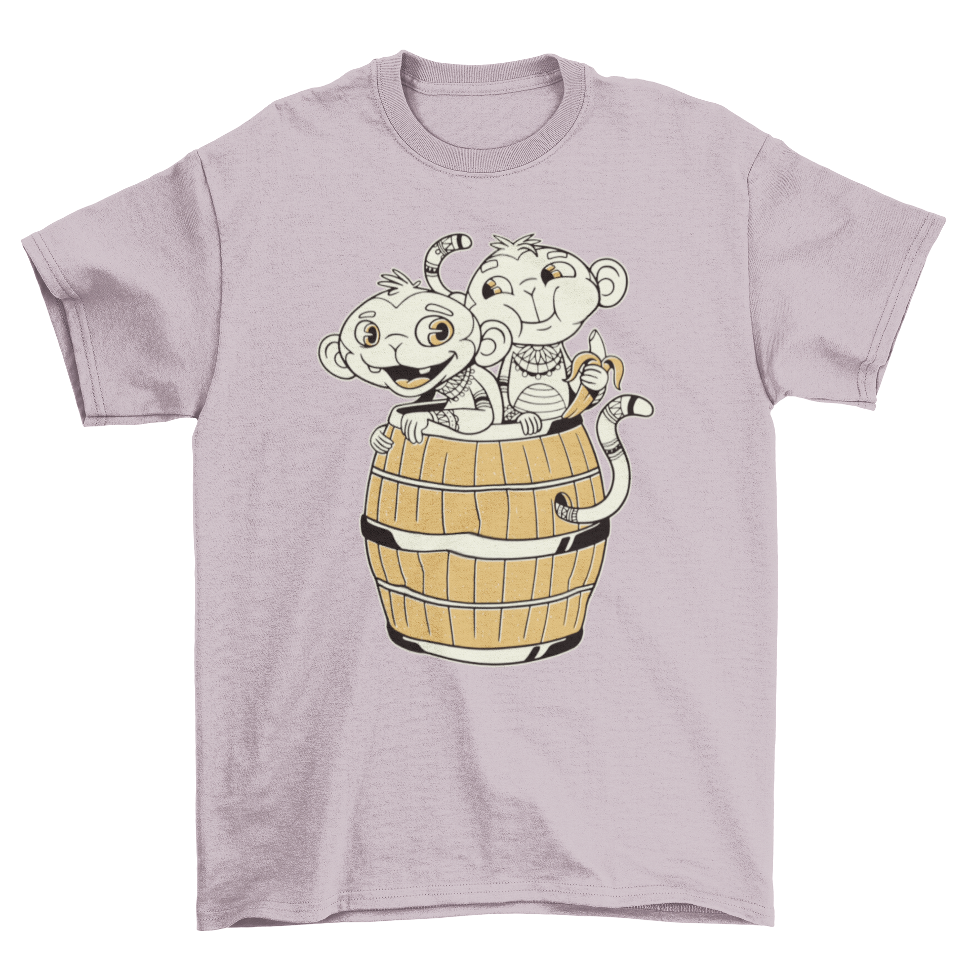 Tribal Monkey Cartoon T-shirt featuring two cute monkeys in a barrel design.