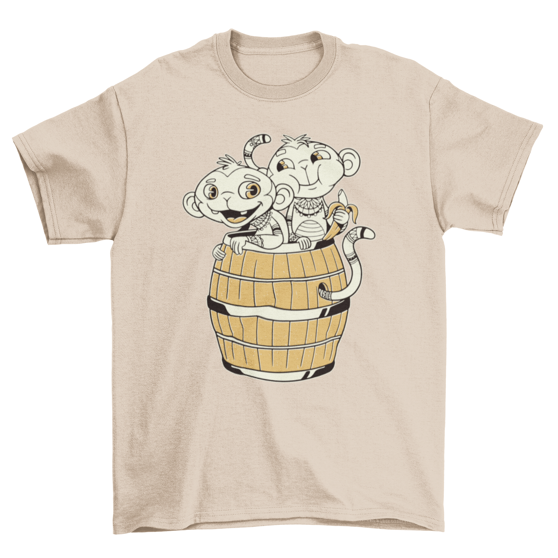 Tribal Monkey Cartoon T-shirt featuring two cute monkeys in a barrel design.