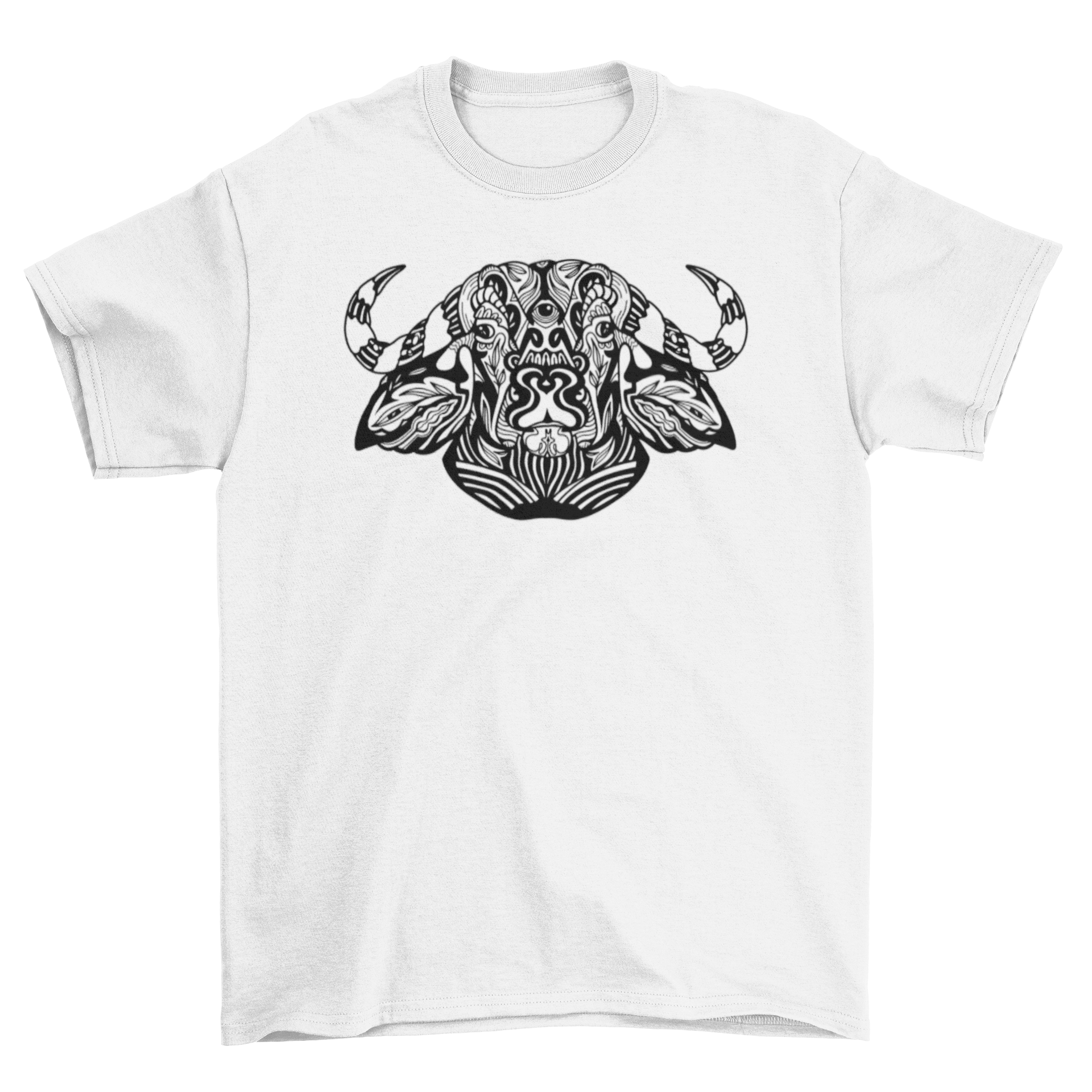 Tribal ox t-shirt design featuring a bold and artistic ox illustration in tribal patterns on a comfortable fabric.