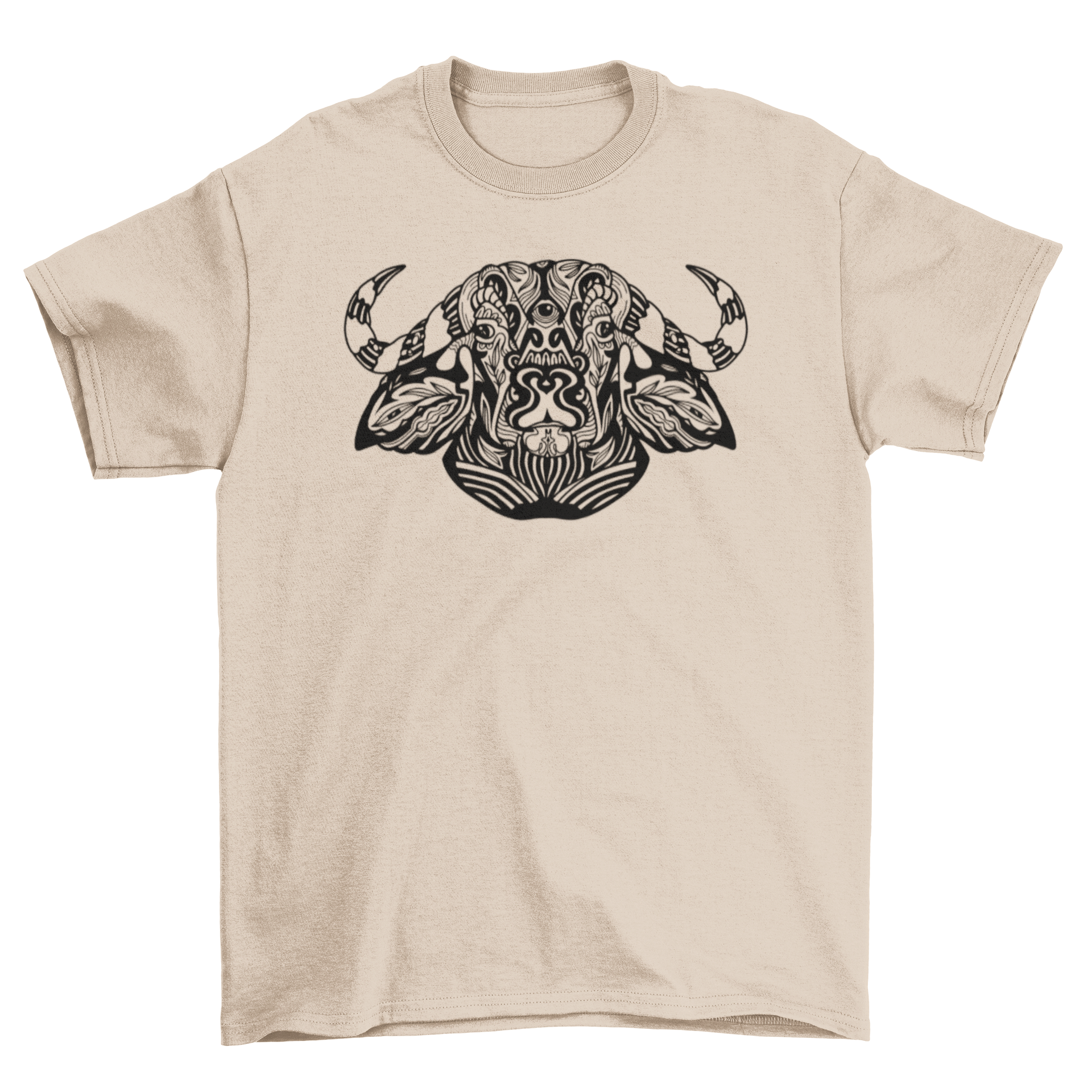 Tribal ox t-shirt design featuring a bold and artistic ox illustration in tribal patterns on a comfortable fabric.