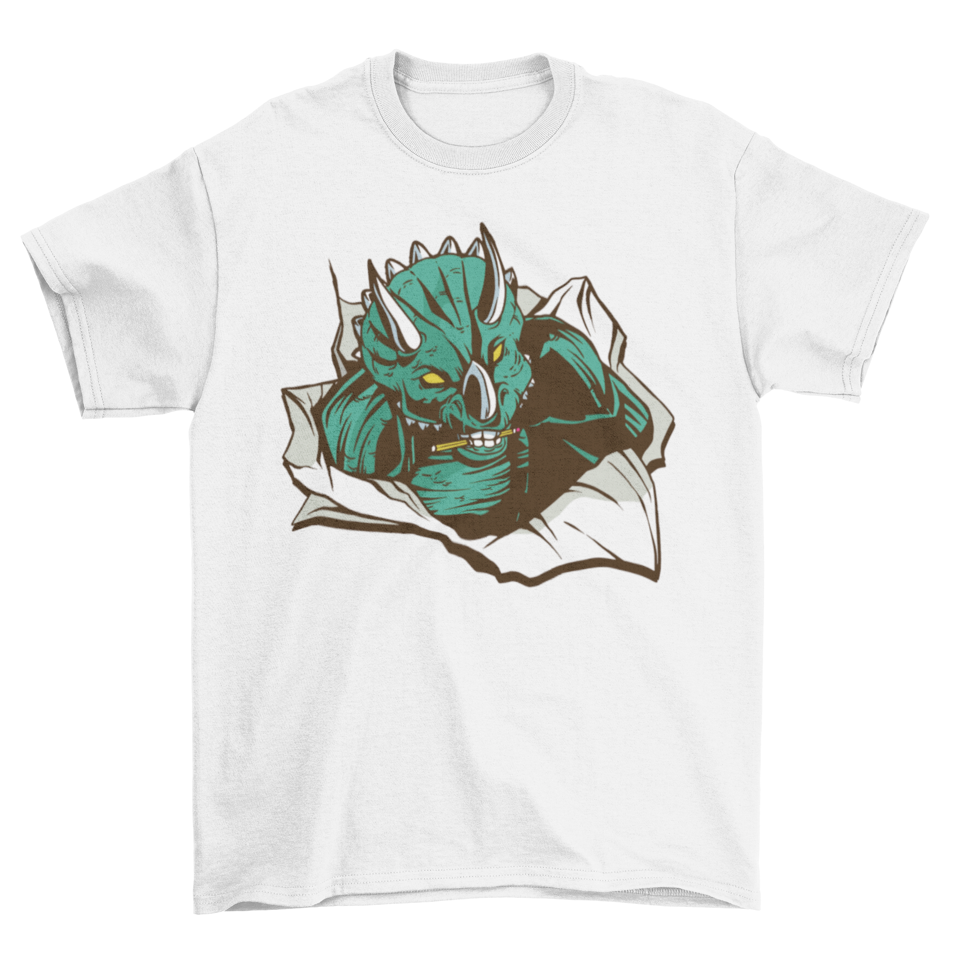 Triceratops paper t-shirt featuring a dinosaur breaking through paper with a pencil in its mouth, showcasing a unique and playful design.